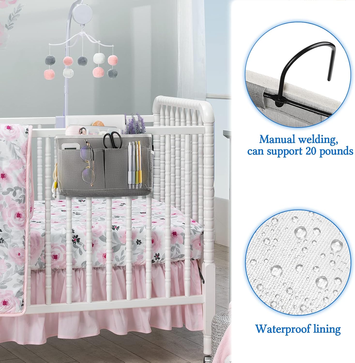 Bedside Caddy Bedside Hanging Storage Basket Bed Caddy for Headboards Bunk Dorm Rooms Crib Beds Rails Organizer (Grey) - Image 6