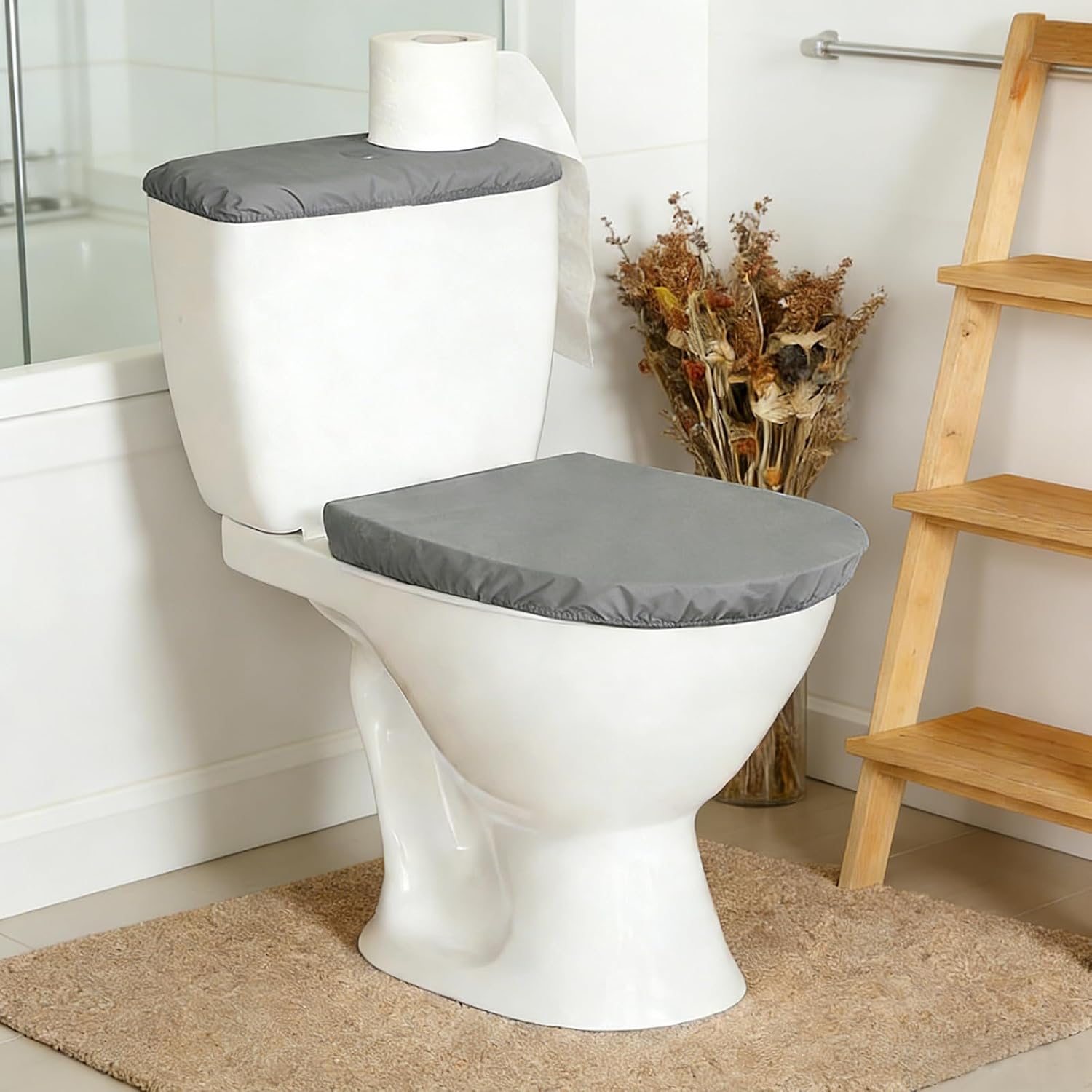 2 Pack Toilet Lid Cover and Toilet Tank Cover Set with Elastic Bottom, Universal Toilet Seat Cover for A Lid Toilet Tank Toilet Top Covers Back of Toilet Tank Covers Replacement (Black+Gray)