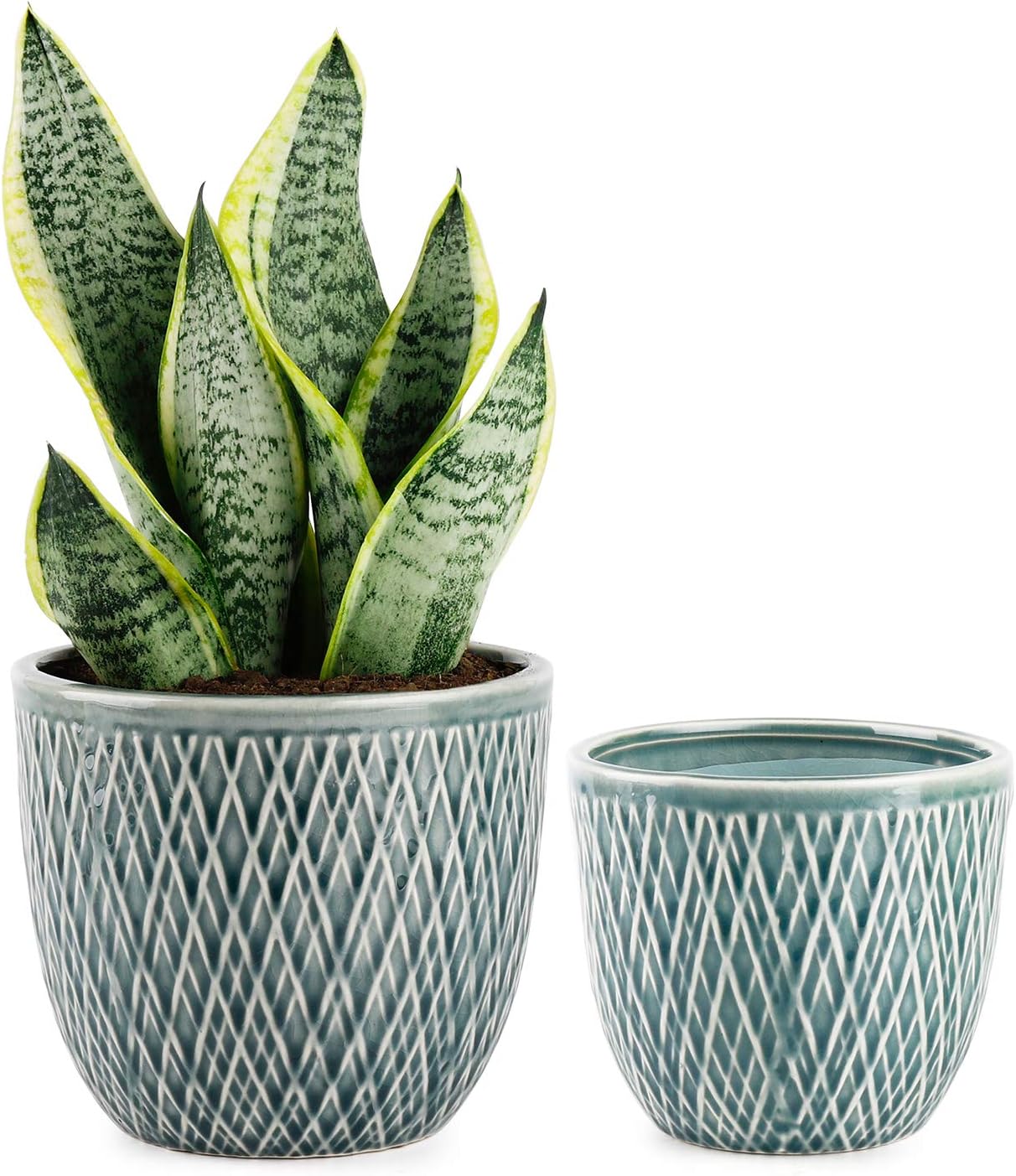 Greenaholics Plaid Ceramic Planters - 6 Inch + 4.7 Inch Plant Pots with Drain Hole, Flower Plant Pots for Indoor Decor, Set of 2, Blue