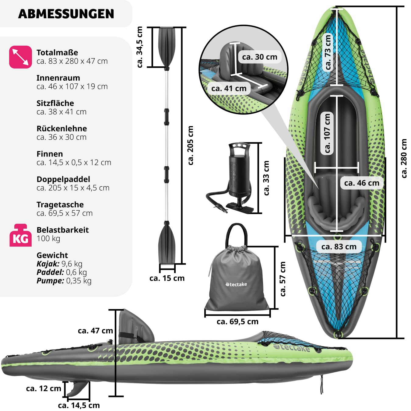 tectake® Kajak Boot aufblasbar, aufblasbares Kanu Paddelboot für 1 Person mit Doppelpaddel und Zubehör Sitz, Pumpe, Transporttasche, für Wassersport, Freizeit, als Angelboot, Ruderboot