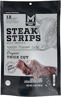 Member Mark Beef Steak Strips, 12 oz Beef Jerky Snacks, 9g Protein, 70 Calories, and 1.5g Fat Per Serving