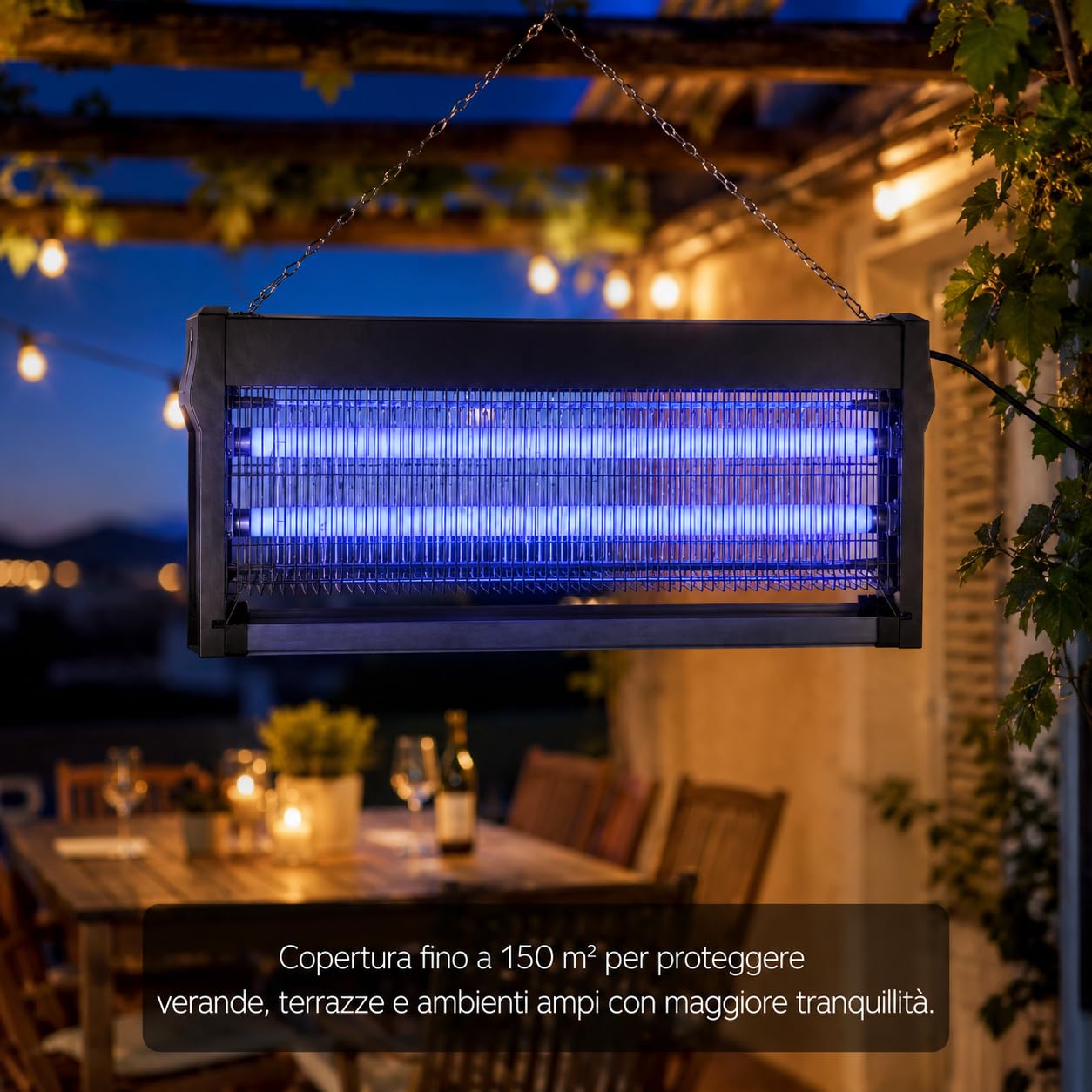 Zanzariera Elettrica 40W con 2 Lampade UVA - Copertura 150 mq | Zanzariera elettrica 40W con 2 lampade UVA, copertura 150 mq, cassetto estraibile, griglia in ferro e catena.