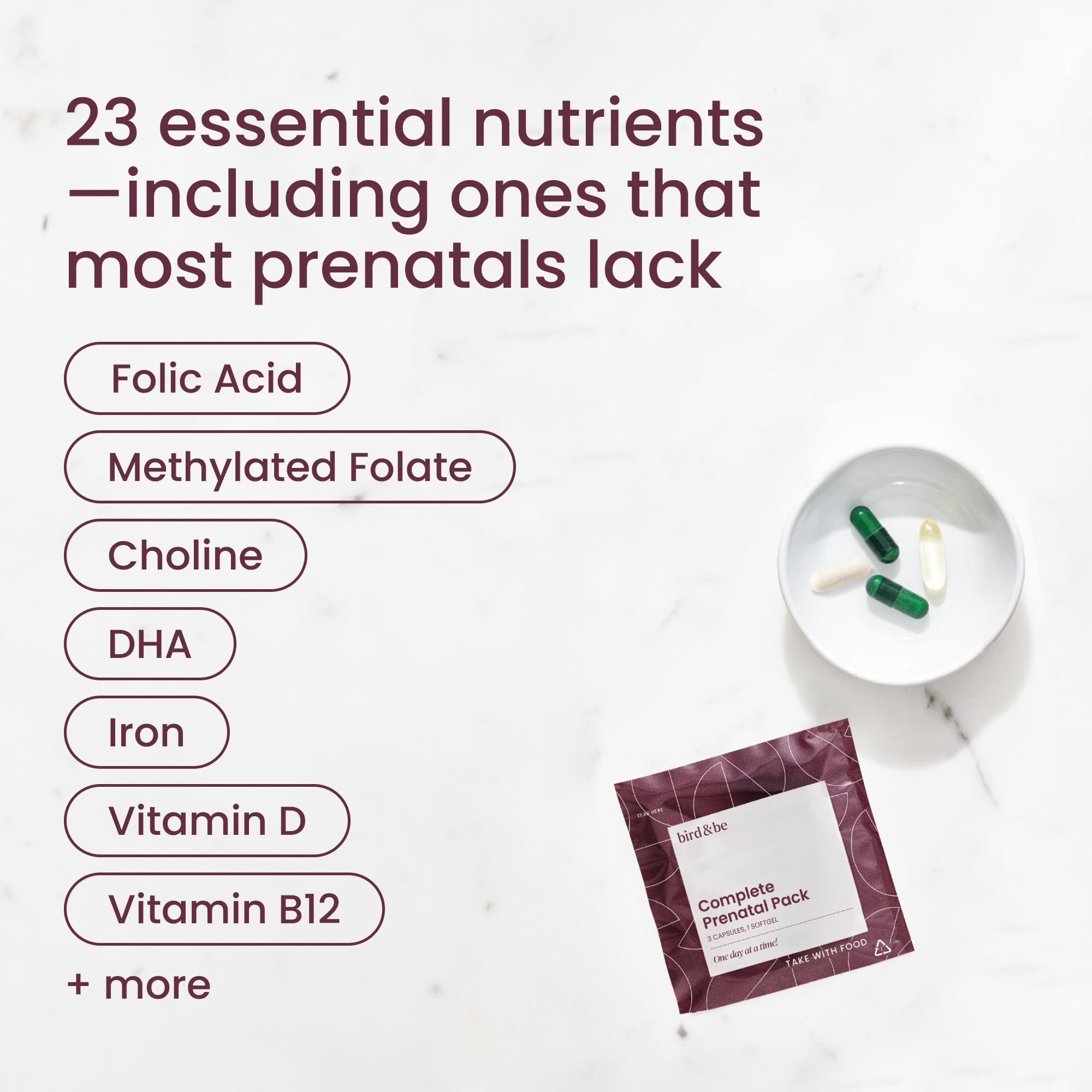 Bird&be Complete Prenatal Vitamins with DHA & Choline | 30 Daily Packs | Methylated Folate (5-MTHF) + Folic Acid + Iron | Doctor-Formulated Pregnancy Support | 24 Bioavailable Nutrients — Amazon image 2
