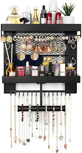 Miniatura 6 de Pinzoveco Hanging Jewelry Organizer Wall Mounted With Wall Jewelry Organizer Holder For Necklaces Bracelet Earrings Ring (Black)