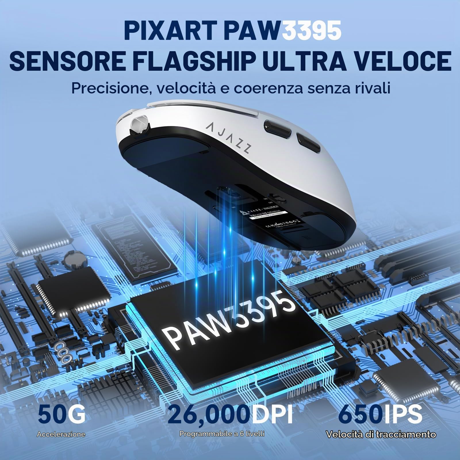 MAGIC-REFINER X AJAZZ AJ159 Mouse Da Gioco Wireless, Mouse Da Gioco Per PC Cablati 2.4G/USB - C, Mouse Computer Ricaricabili, Sensore PAW3395, 6 DPI Regolabili Fino a 26000 per PC/Mac - Bianco
