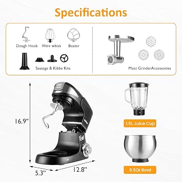 Stand Mixer with 6.5-QT Bowl: 400W Electric Kitchen Mixer with Dough Hook, Whisk & Beater, 3-in-1 Food Processor & Meat Grinder Attachment, For Baking, Bread, Pasta, Cookies