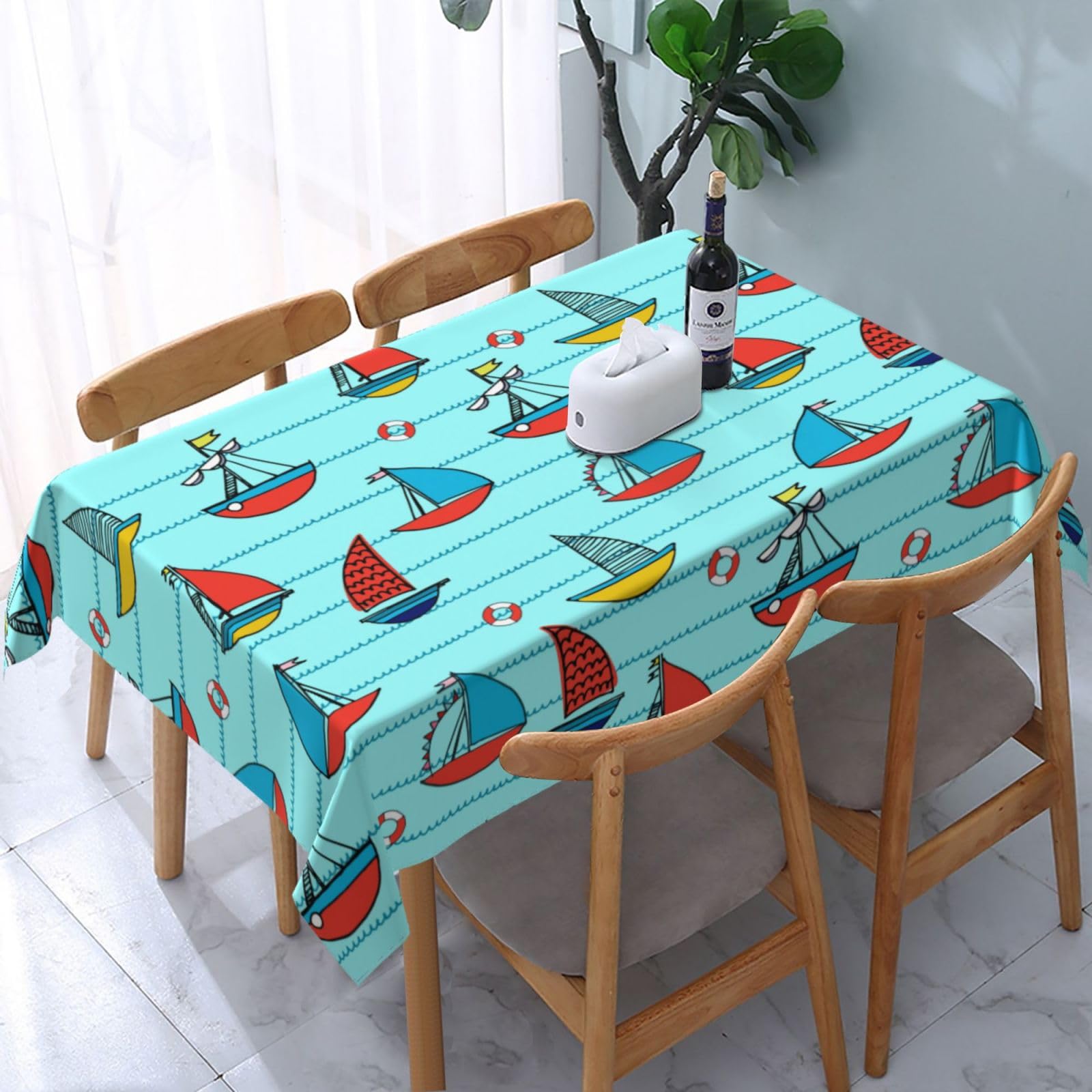 JunHeArt Cartoon Sailboat Pattern Tablecloth Rectangle Table Cover Washable Table Cloths Decor For Kitchen 54" X 72"