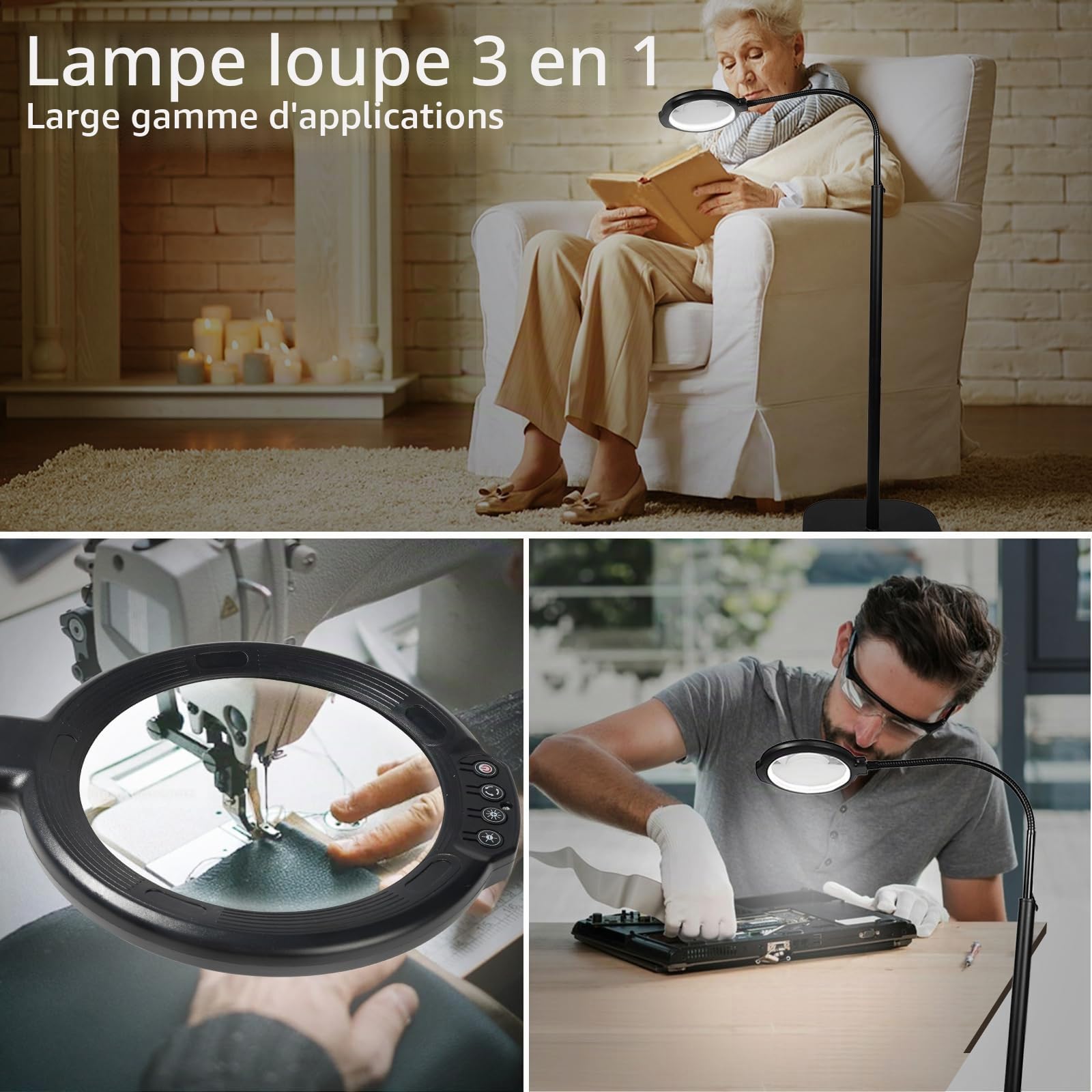 GABORISH 10 loupes sur pied avec lumière et support, lampe loupe 3 en 1 avec 54 LED, lampe loupe flexible avec col de cygne avec pince, 5 modes de couleur, luminosité à intensité variable, loupe de