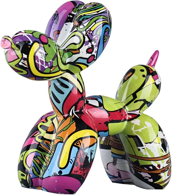 KUAHAI Balloon Dog Animal Art Statue,Black Balloon Dog Resin Craft Ornament for Living Room (Graffiti Green)