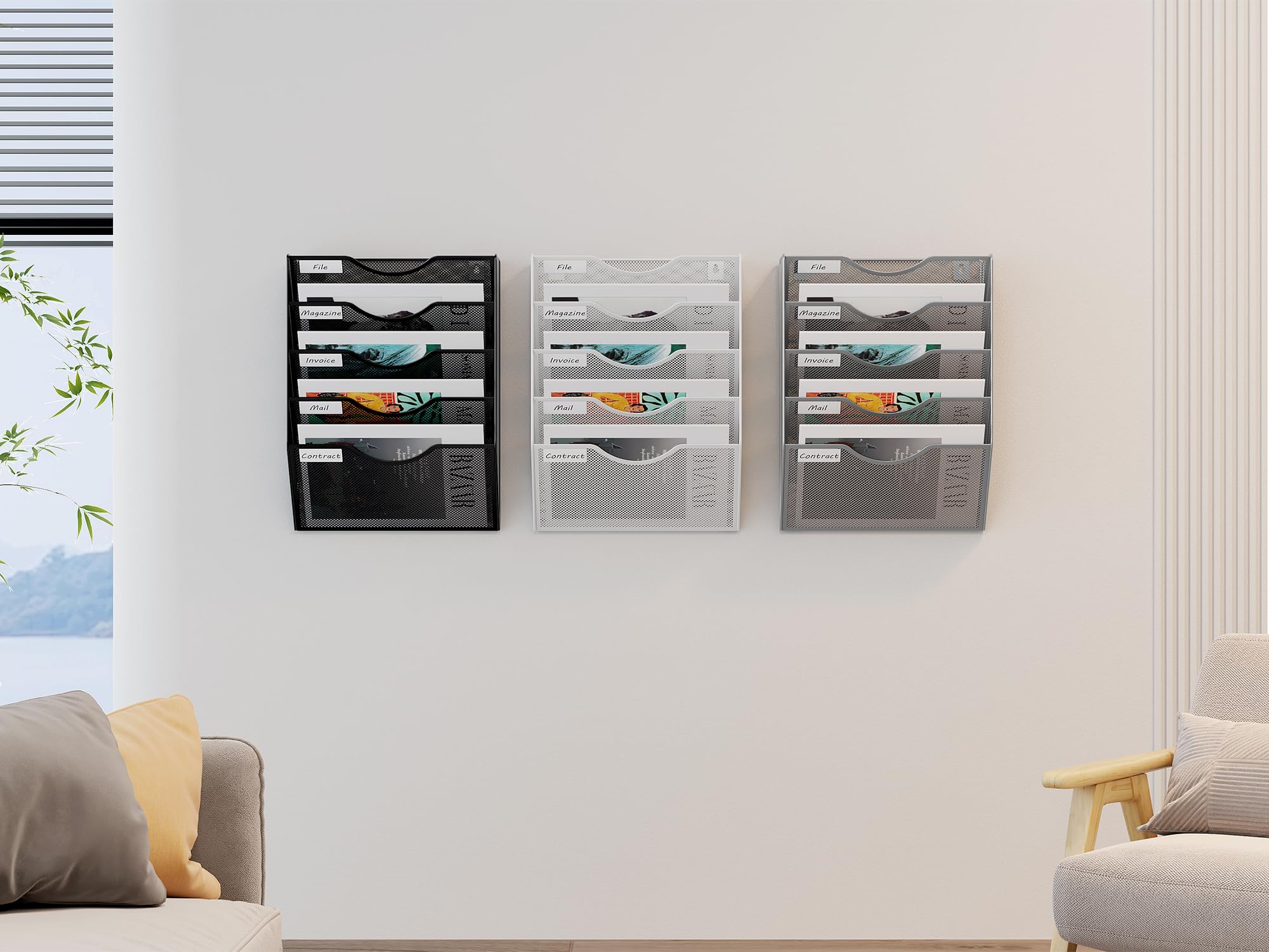 EasyPAG 5 Compartimento Metal A4 Soporte Revistas Pared Oficina Archivador de Pared Organizador Documentos Correo Pared Almacenamiento Archivos Revistero,Blanco