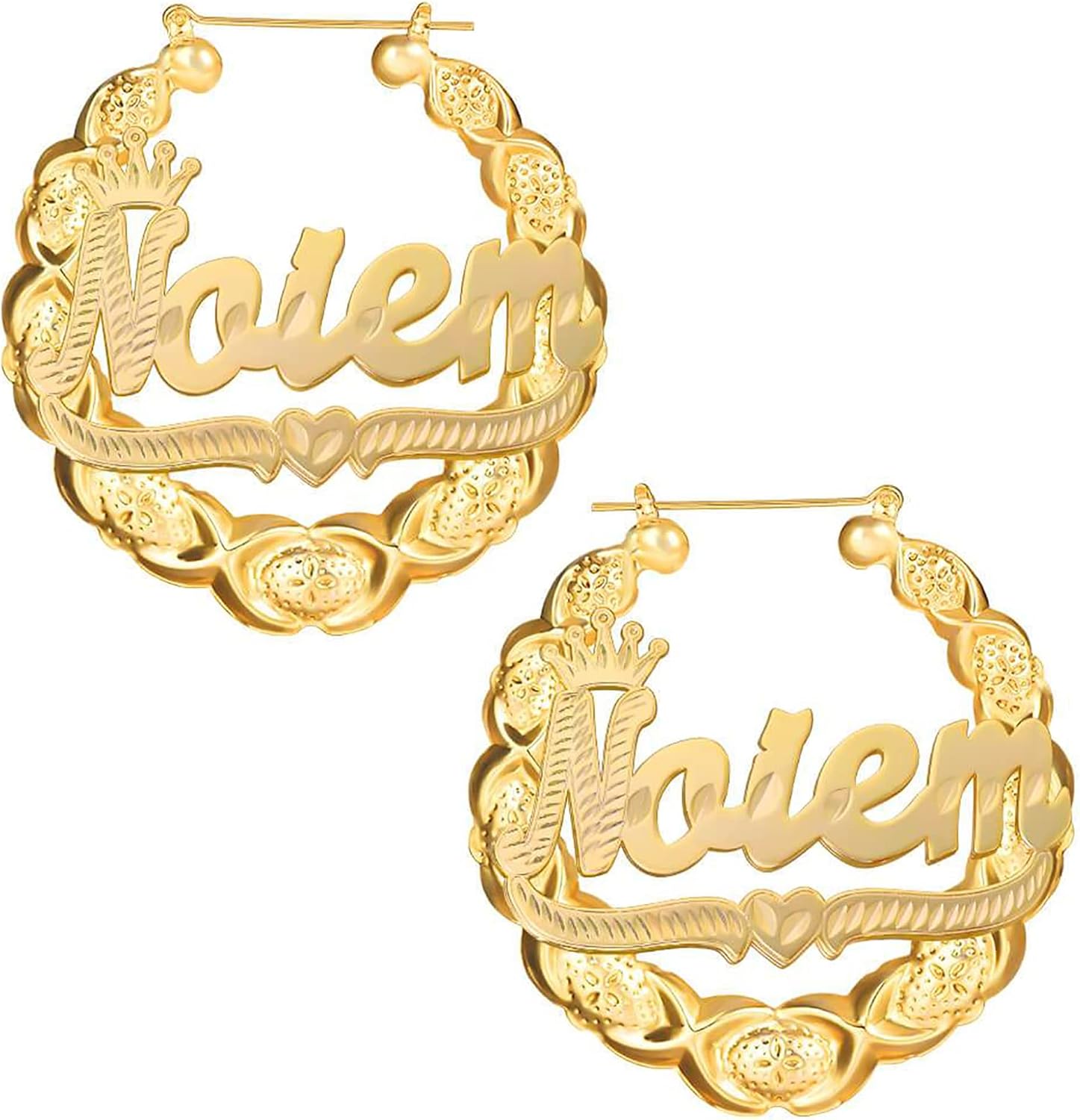 Personalized Name Earrings for Women Bamboo Hoop Custom Nameplate Earrings 18k Gold Plated Initial Name Earrings with Heart Exquisite Birthday Mother's Day Jewelry Gifts for Women Girls