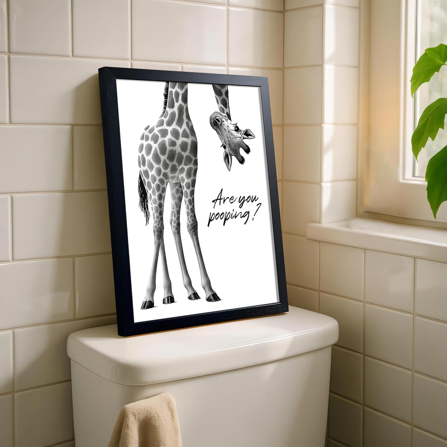 Funny Giraffe Bathroom Wall Art Rustic Farmhouse Are You Pooping Sign Cute Animal Canvas Print for Bathroom Decor Black Framed Giraffe Pictures Wall Art for Restroom Home24x16in