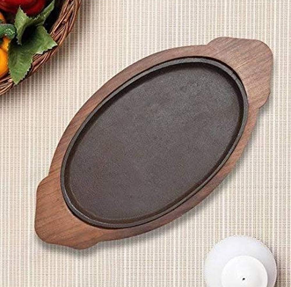 HAINE Serving Dish Sizzler Tray/Plate with Wooden Base, Brown, Pack of 2 3