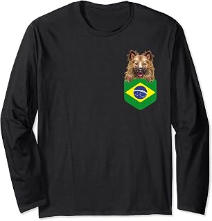 Brazil Flag Icelandic Sheepdog Dog In Pocket Long Sleeve T-Shirt