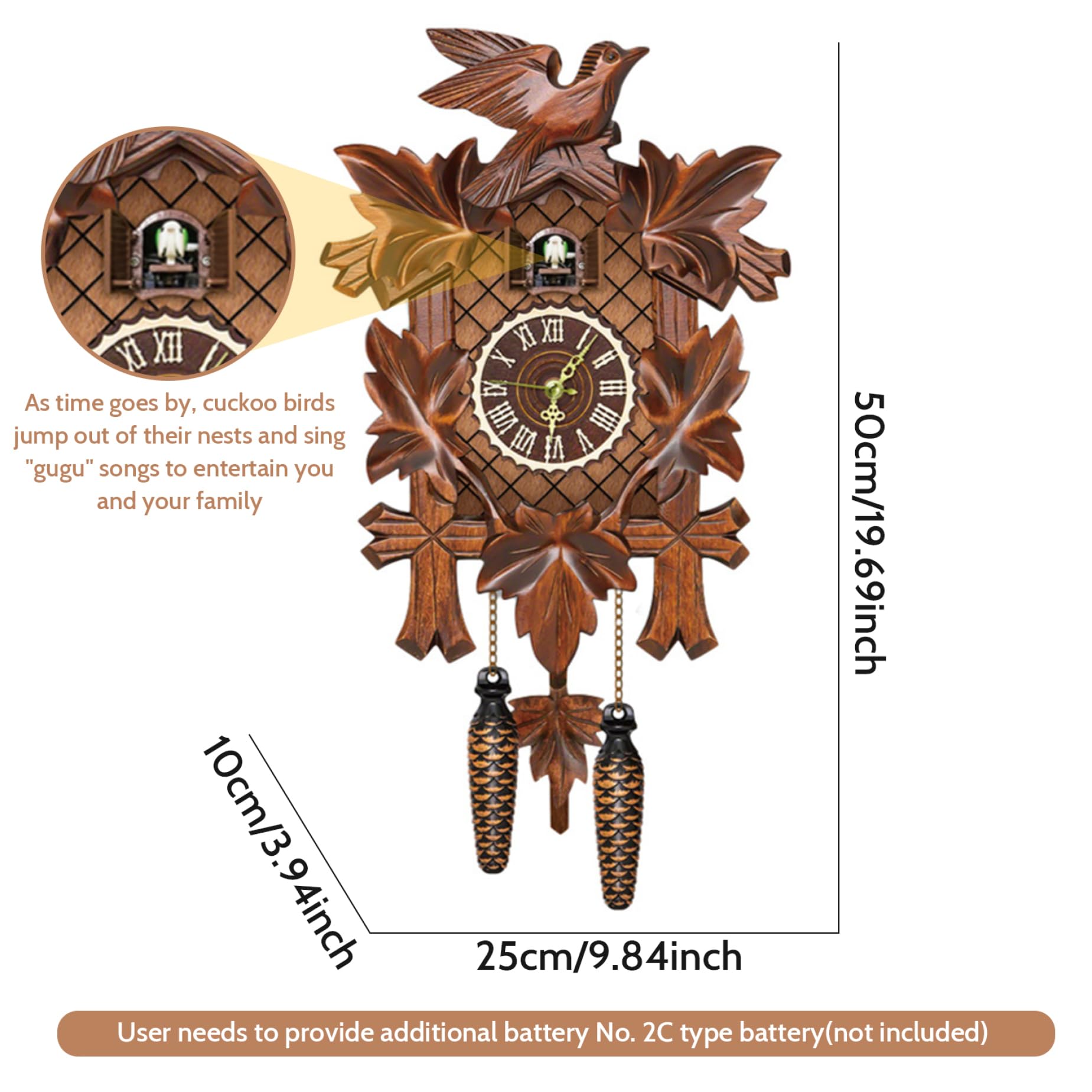 Horloge à Coucou avec Pendule d'oiseau de Travail, Horloge Murale, horloges à Coucou en Bois pour Mur Coo Coo avec Mode Nuit pour Salon, Chambre Coucher, Pendule de Pendaison crémaillère