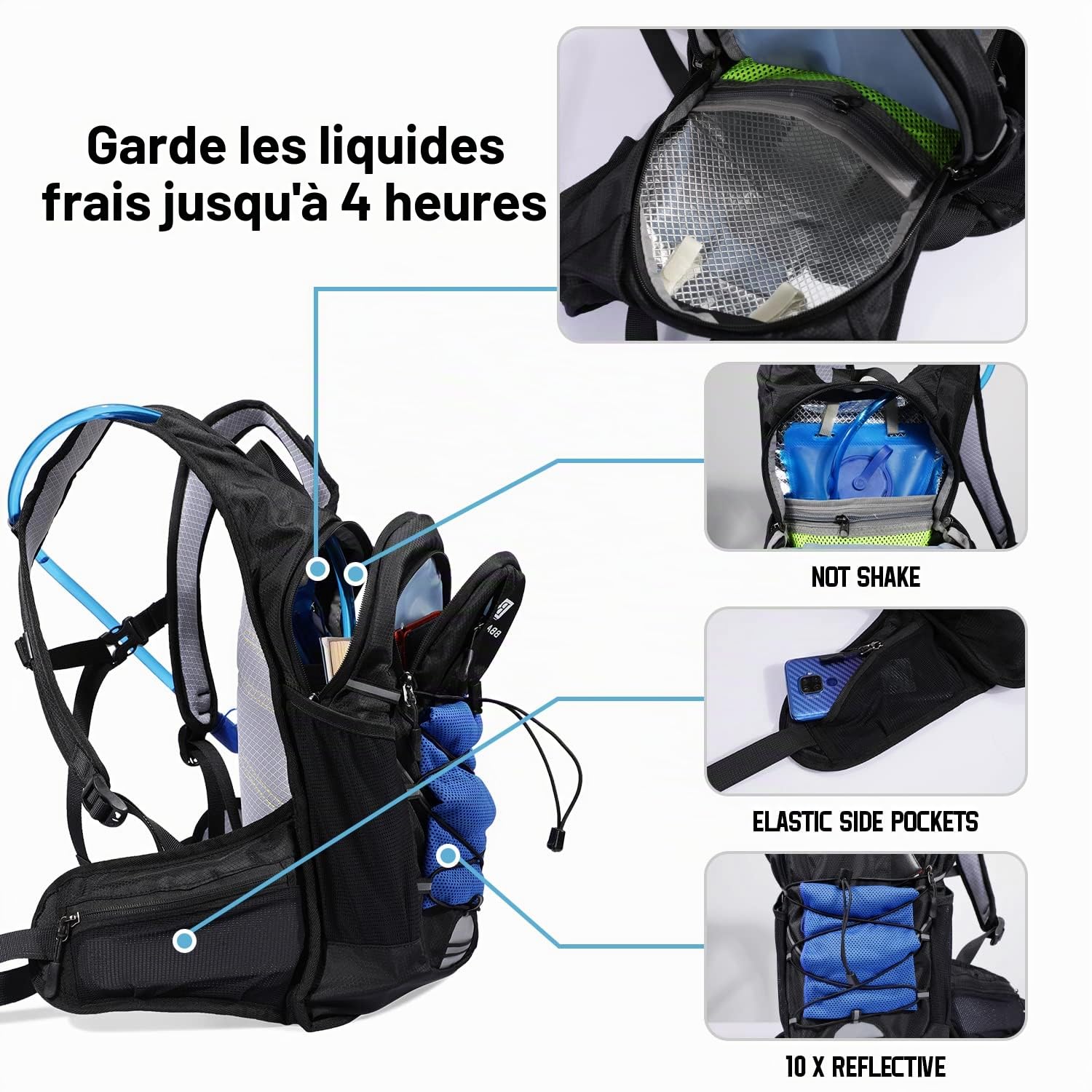 Sac à Dos d'hydratation Isotherme avec réservoir d'eau de 2 L sans BPA, pour la Course, la randonnée, Le Cyclisme, l'escalade, Le Camping, Le vélo