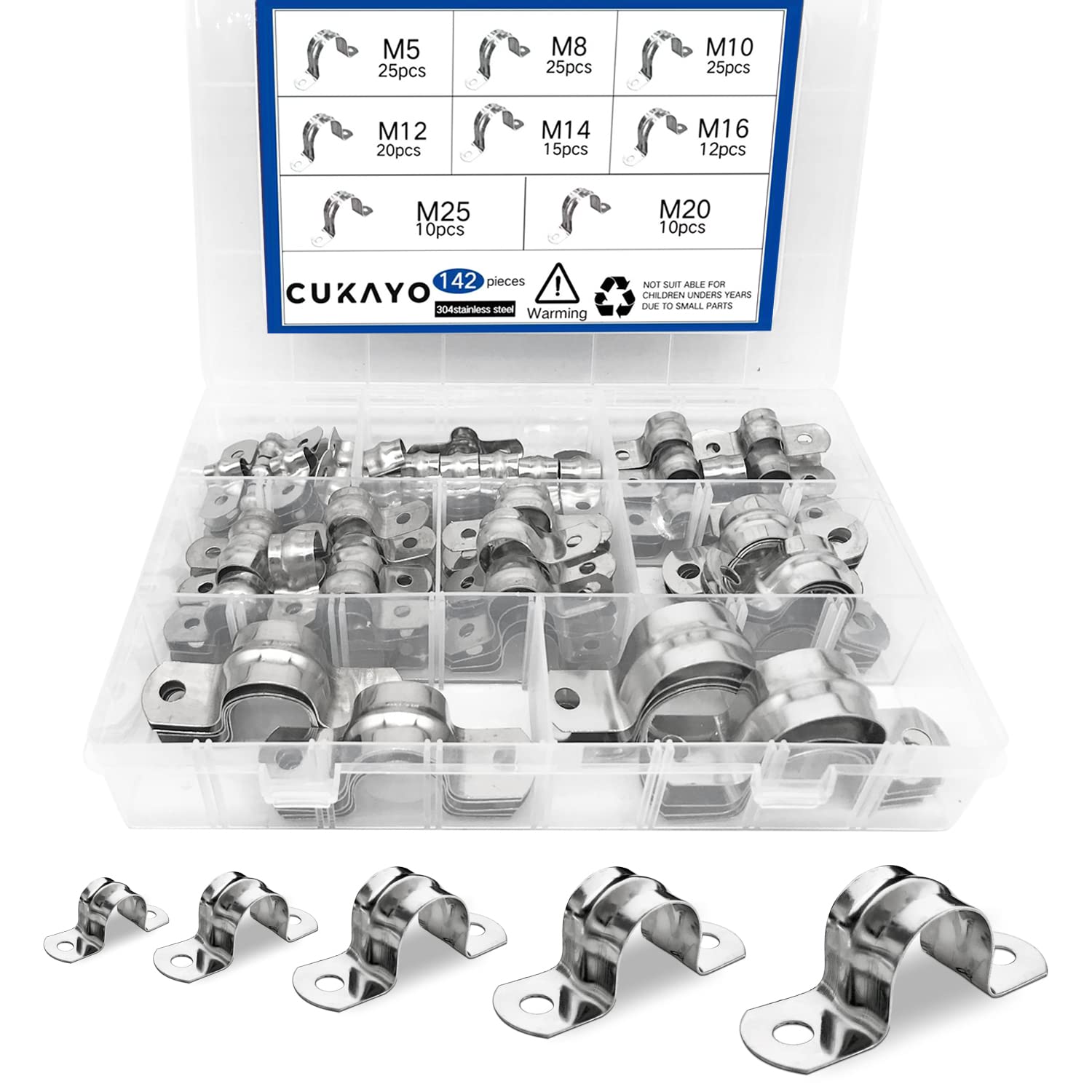 142 Pcs Pipe Strap Clamp Assortment Kit, 304 Stainless Steel 2 Holes Rigid Pipe Strap U Braket Tube Pipe Strap Clamp