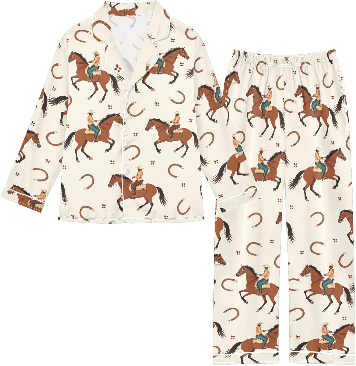 Kids Casual Satin Wear Set Cowboy Horseshoe Pattern Unisex Relaxed Fit Clothing