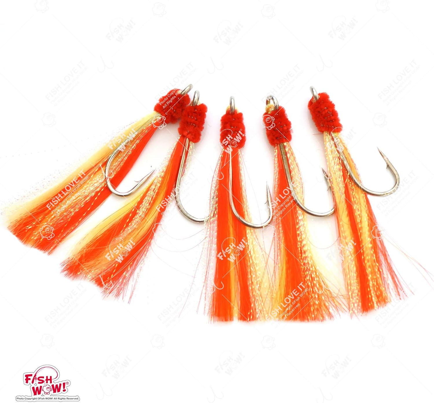 50 Pieces 7/0 Shrimp Flying Hooks with red Yellow Krystal Flash