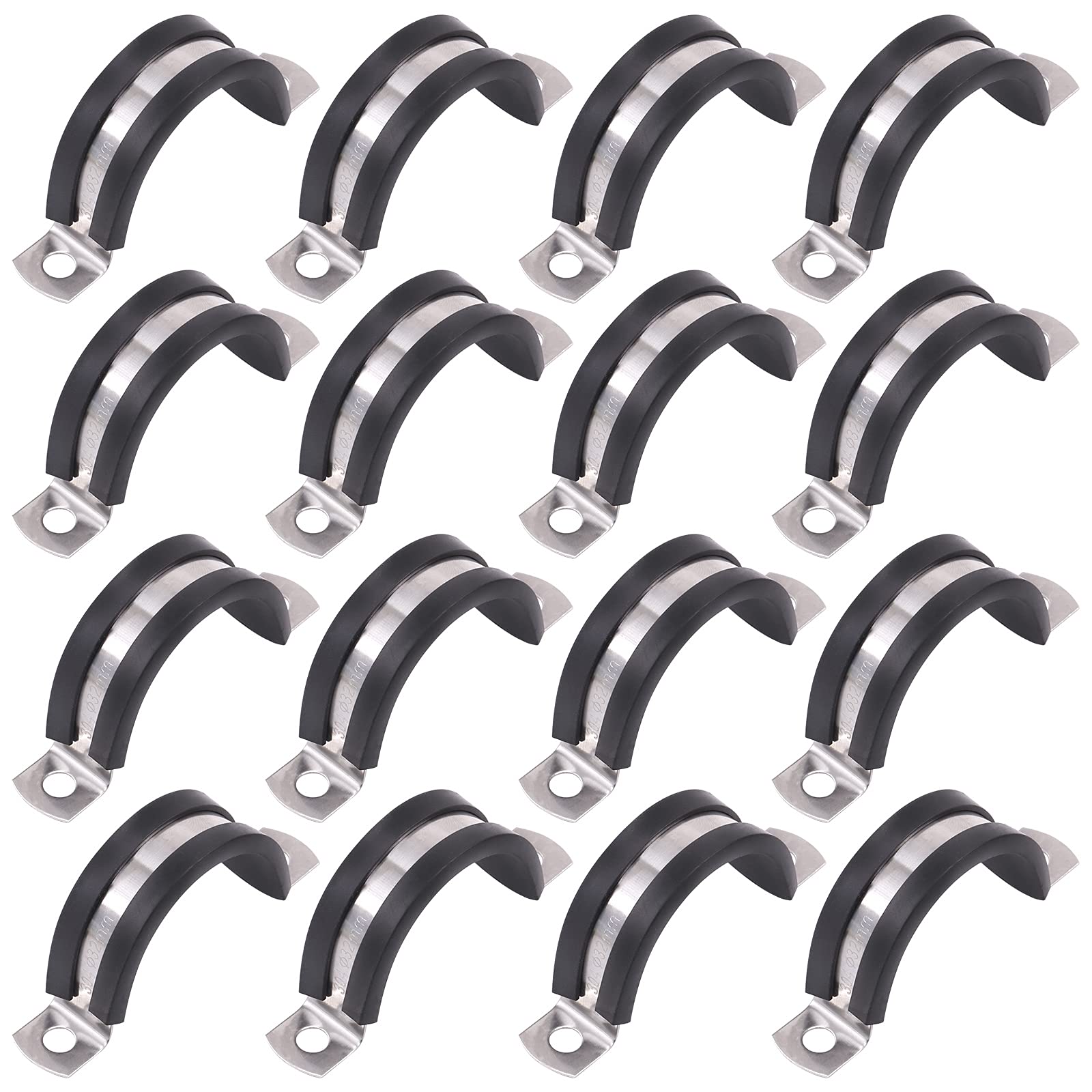 Glarks 16Pcs 32MM 2 Hole U-Tube Strap Clamp Set 304 Stainless Steel Rubber Cushion Rigid Pipe Strap U Bracket Tube Strap Assortment Kit For Pipe Tube