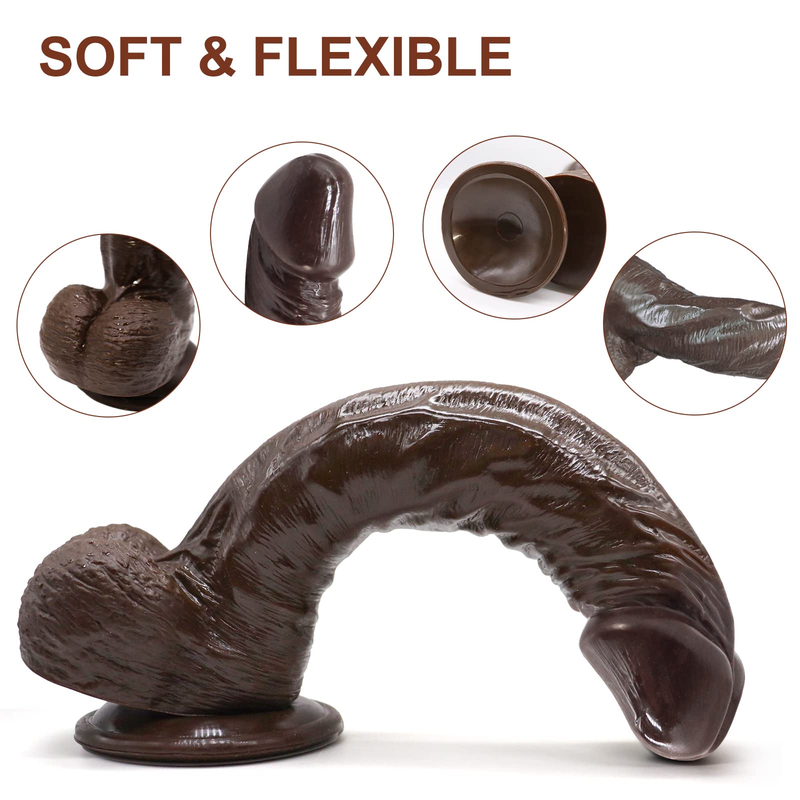 Huge Black Realistic Dildo with Strong Suction Cup Adult Sex Toys for Women Men, 9 Inch Big Soft Silicone Flexible Lifelike Dildos with Curved Shaft and Balls for Vaginal G spot and Anal Play