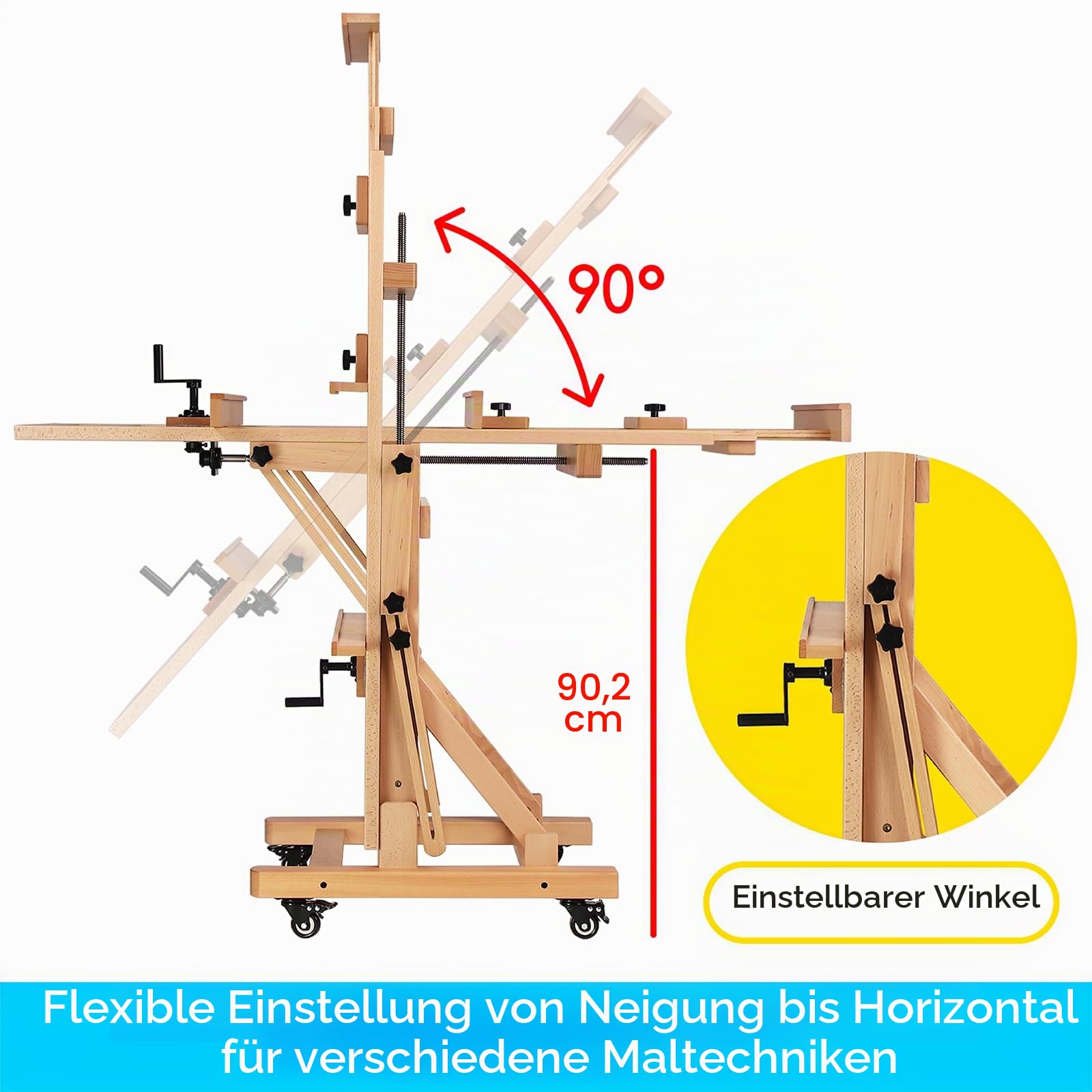 MEEDEN Deluxe große Staffelei mit Kurbel: Robuste Künstler-Malstaffelei | Massives Buchenholz mit verstellbarer Höhe - Bewegliche & Neigbare Flache H-Rahmen-Staffelei hält Kunstleinwand bis zu 195cm
