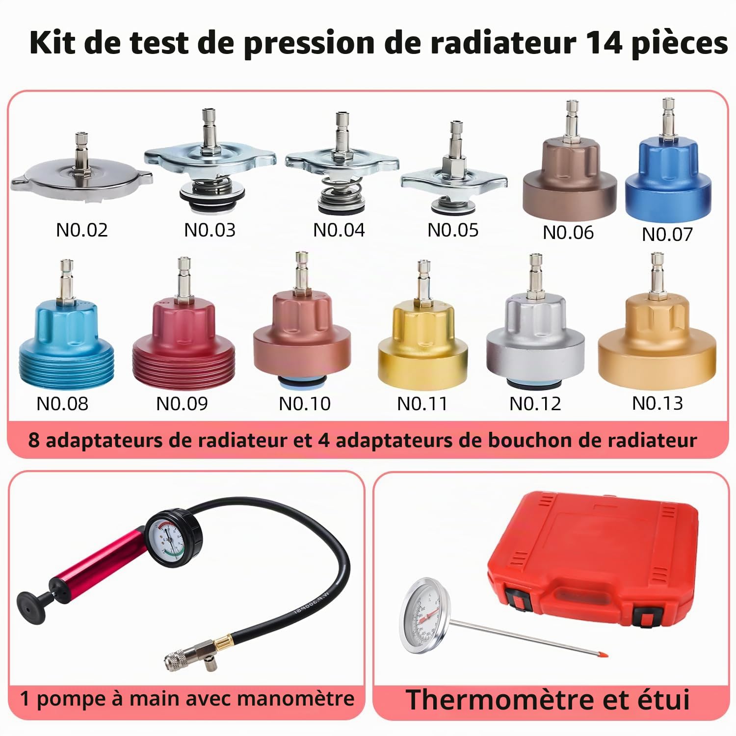 FreeTec 14pcs Testeur Systeme de Refroidissement, Kit Testeur Pression Radiateur, Universels Testeur Fuite Liquide Refroidissement, Appareil Test Radiateur avec Pompe et Adaptateur