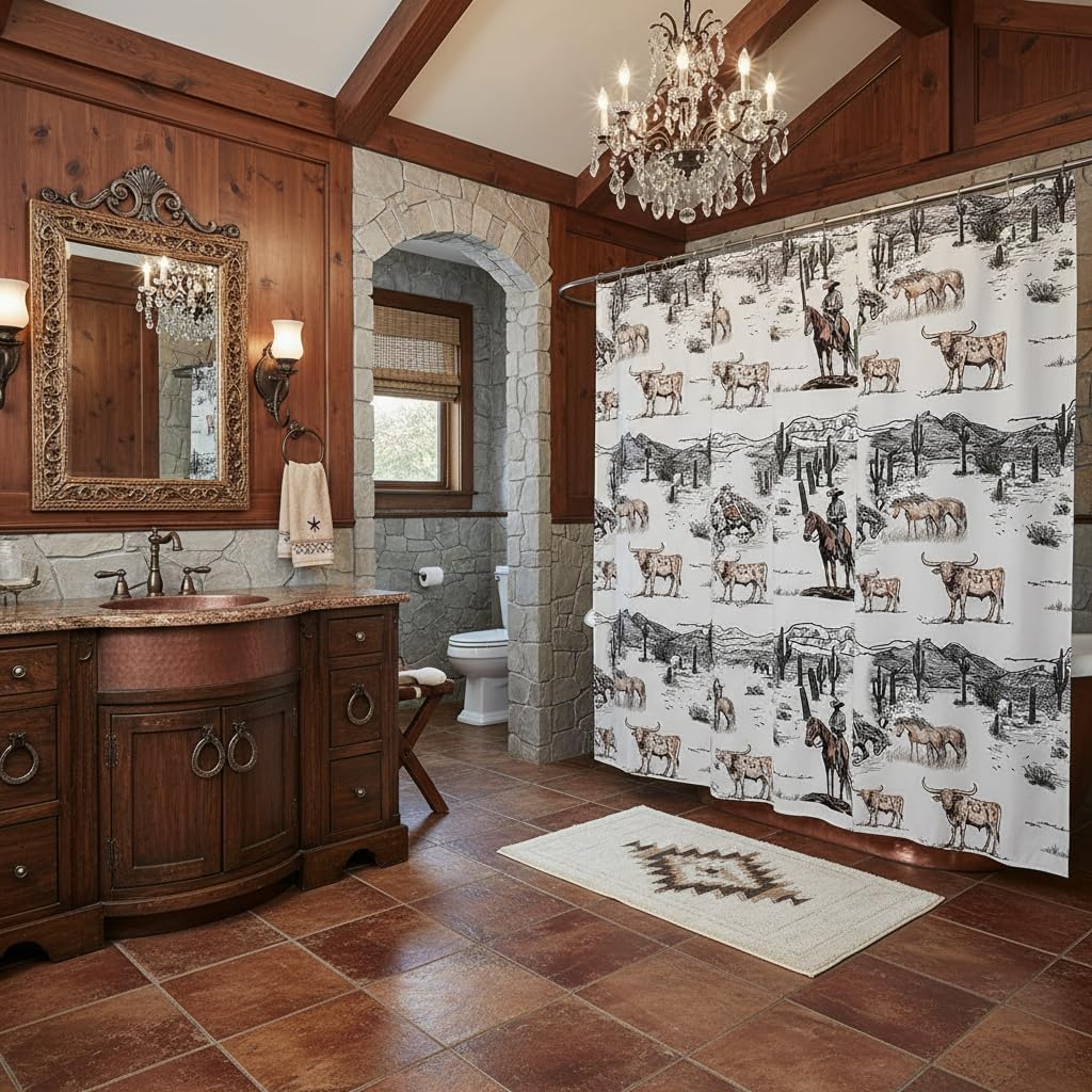 Western Cowboy Shower Curtain,Vintage Southwest Style Waterproof Curtain Desert Cactus Cow Horse Animals Bathroom Curtain for Kids Boys Girls Adult Room Decor,Grey Brown White Bath Curtain,72"Wx84"L