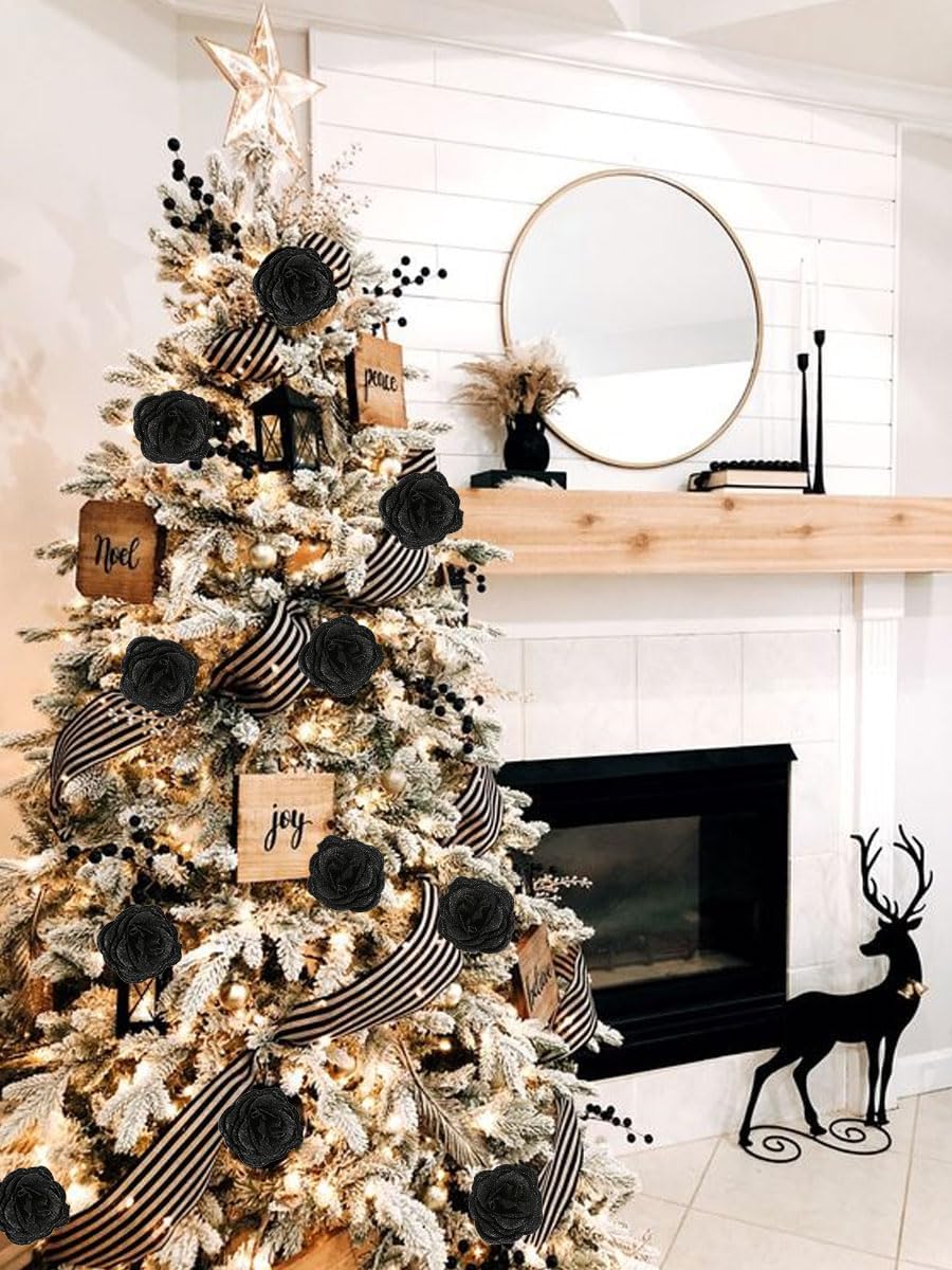 Black Roses Artificial Flowers, 30pcs Glitter Roses Artificial Roses with Stems for Crafts Wedding Bouquet Party Home Decor(Black)