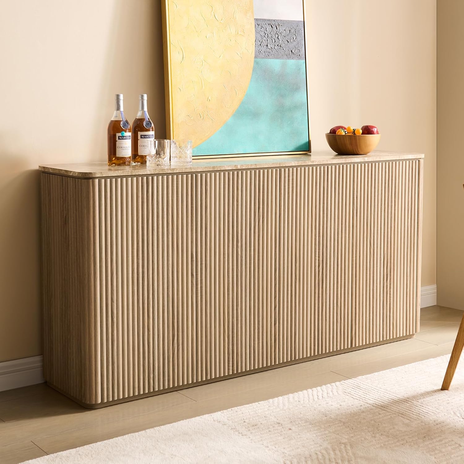 Fluted 4 Doors Sideboard Cabinet with Storage, 64" Wooden Credenza with Shelves, Faux Marble-Top Coffee Bar Console Table, Modern Buffet Cabinet for Dining, Kitchen, Living Room, Entryway, Natural Oak
