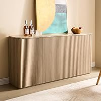 DelArk Fluted 4-Door Sideboard: 64" Natural Oak Credenza with Faux Marble Top, Adjustable Shelves & Storage for Dining Room, Kitchen