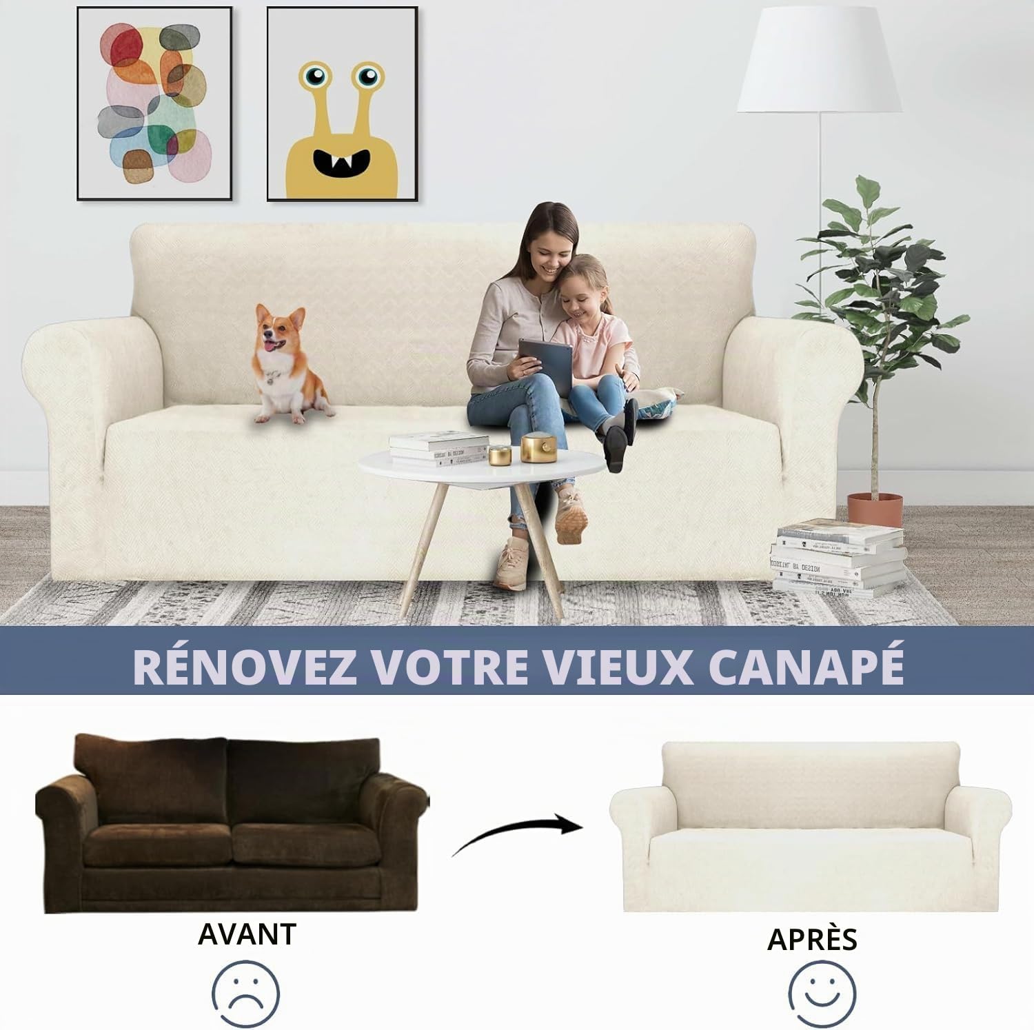 Ystyle Extensible Housse Canapé 3 Places avec Accoudoirs, Crema | Universelle Housse De Canapé, Housse Protection Canapém, Sofa Cover Antidérapante, Couvre Canapé Pour Chiens Chats Animaux