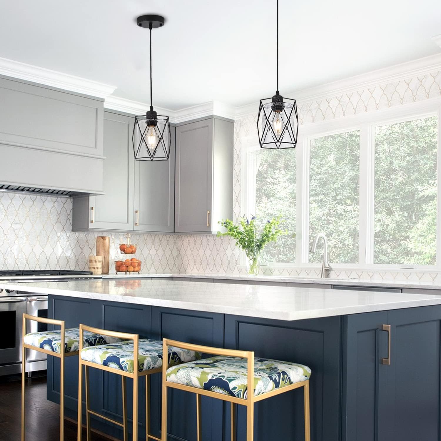 Black Pendant Light Over Table Cage Blown Clear Seeded Glass Farmhouse Hanging Light Fixture Industrial Adjustable Cord for Kitchen Island Dining Room Above Sink