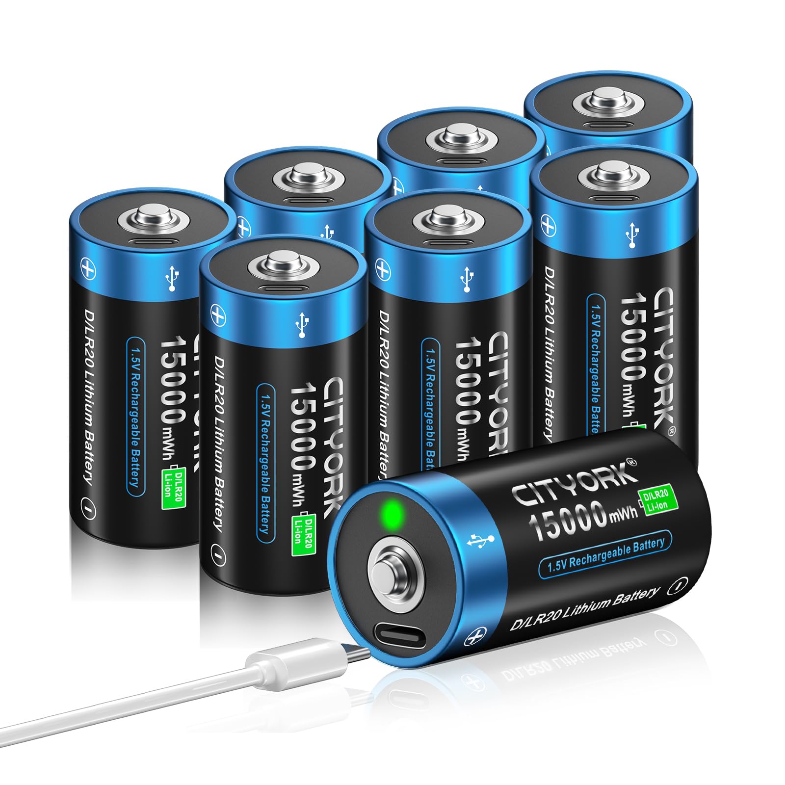 CITYORK Batteria USB D da 15000 mWh da 1,5 V, ricaricabile con cavo di ricarica USB-C (8 pezzi), batteria USB D ricaricabile agli ioni di litio, batterie Mono D LR20, oltre 1000 cicli e riciclabile,