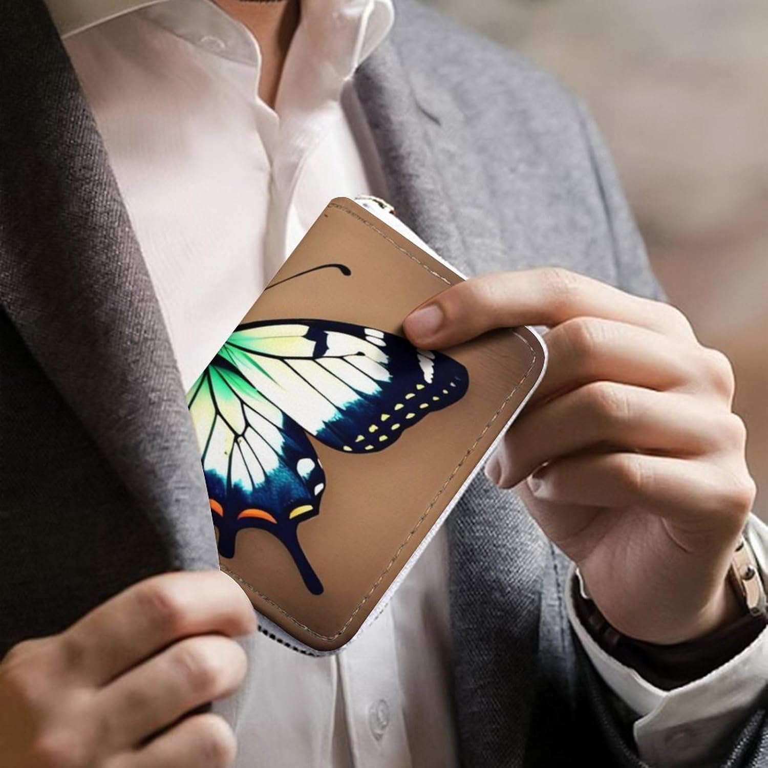 Leather Card Organizer Case Card Wallet Credit Card Holder Cute Little Butterfly Printed Zipper Card Cases Holder for Women Men
