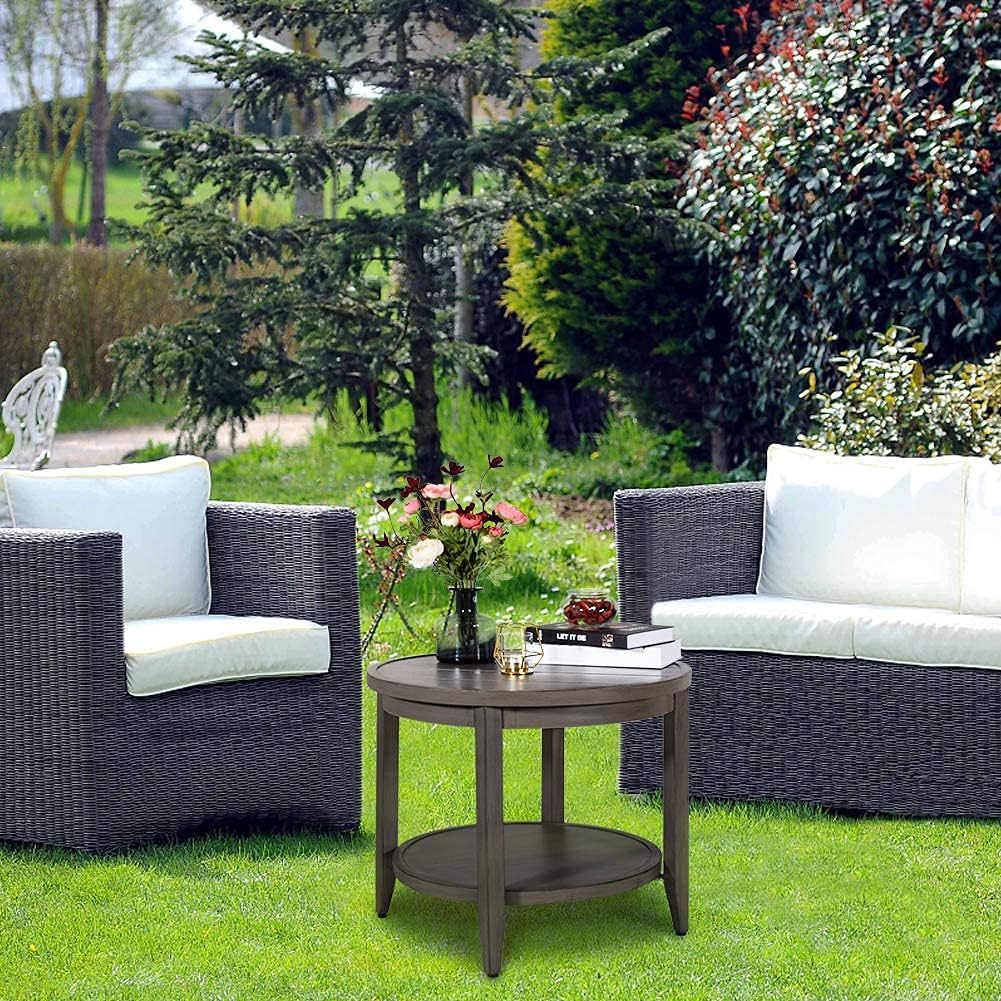 Love & Peace 24” Outdoor Patio Side Table Aluminum Round Coffee Tea Bistro Table Side End Outdoor Furniture Table/W Slat Shelf, Slat Top, Diameter 24”, Tan : Patio, Lawn & Garden