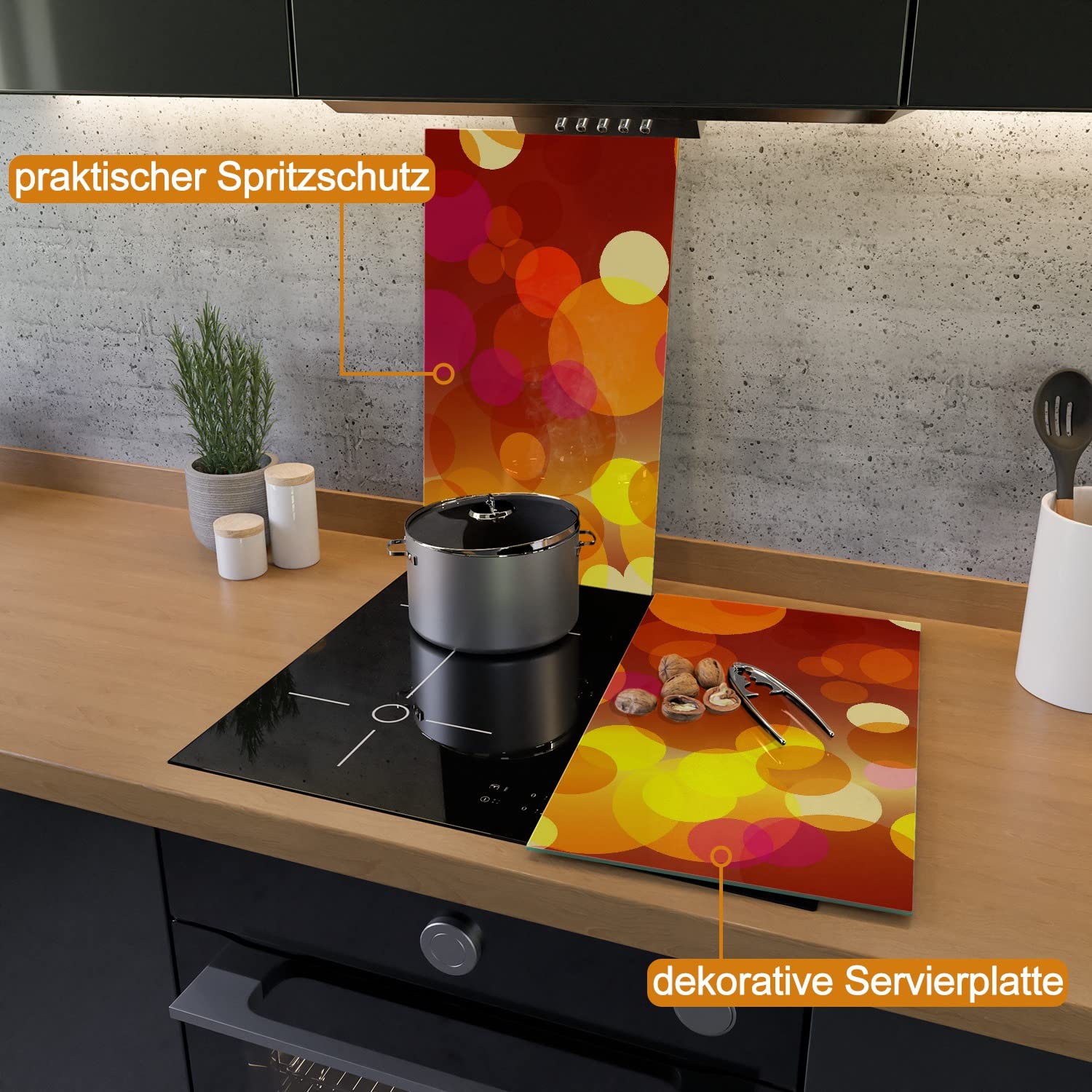 Wallario Herdabdeckplatte/Spritzschutz aus Glas, 2-teilig, 60x52cm mit 13mm hohen Füßen, für Ceran- und Induktionsherde, Rote gelbe und orange Kreise - harmonisches Muster