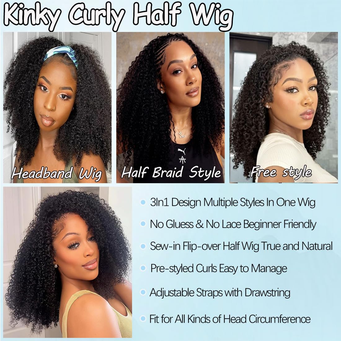 Amella Kinky Curly Half Wig Human Hair 200 Density 3 In 1 Drawstring Seamless Flip wig Wear & Go for Women 22Inch Curly Wig Human Hair Beginner Friendly