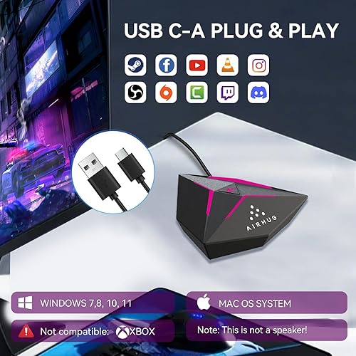 Miniatura 5 de AIRHUG Micrófono para juegos, micrófono USB de condensador, reducción de ruido AI con indicador RGB, botón de silencio, micrófono omnidireccional de