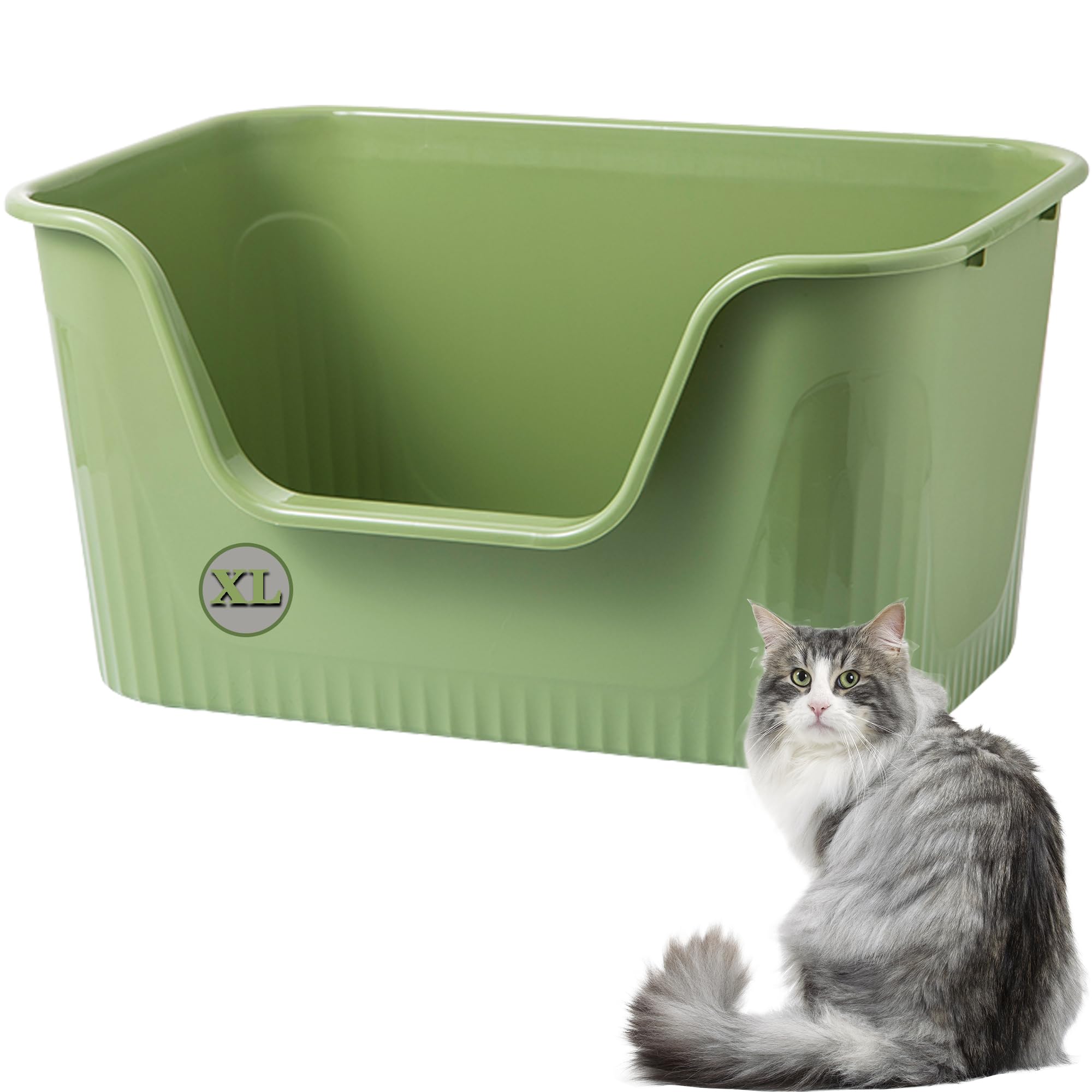 Vealind Extra Large Cat Litter Trays with High Sides and Low Entry Cat Litter Box High Back 64 x 45 x 33 CM, 100% Leak Proof Anti Splash Cats Litter Box XL (Green)