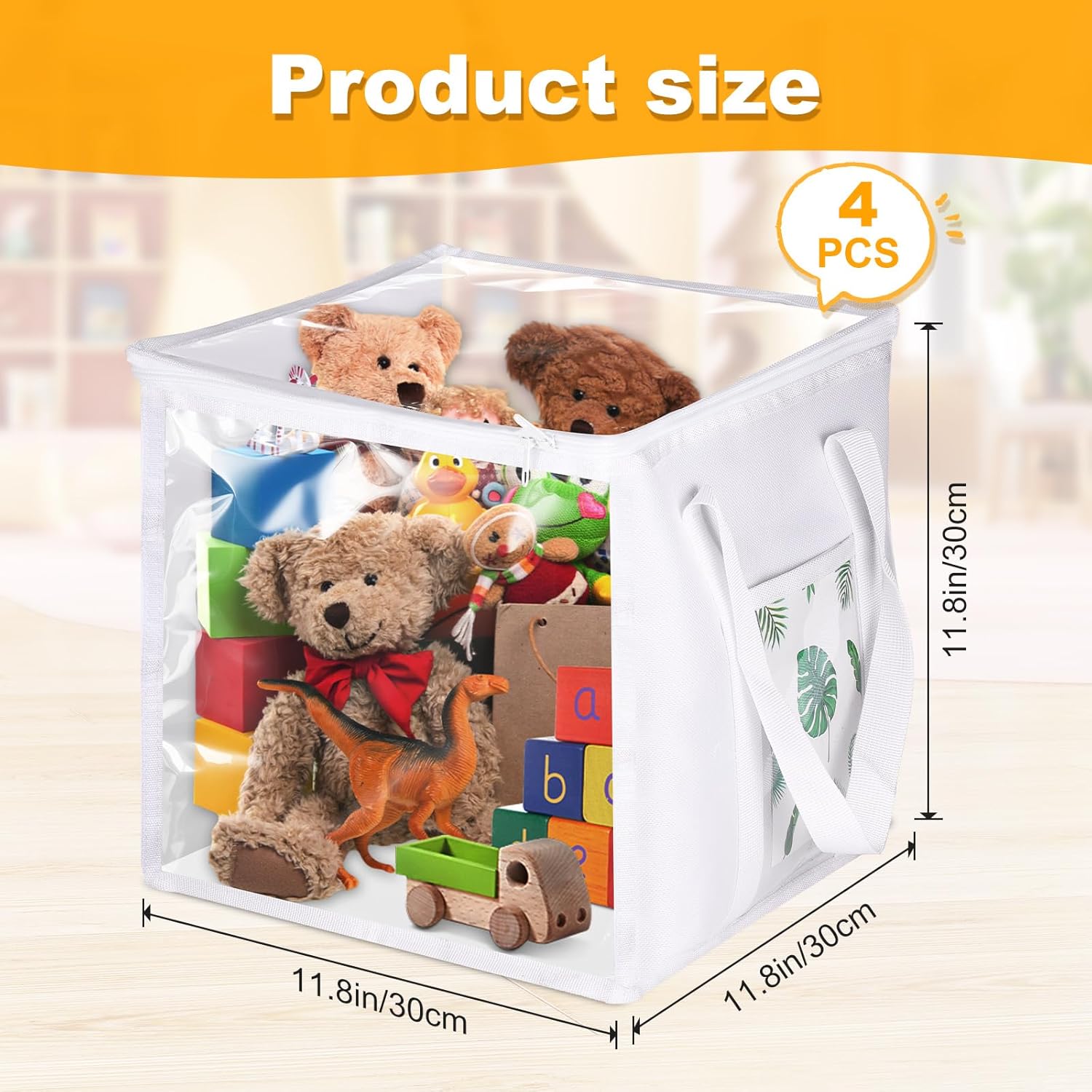4 Pack Clear Toy Storage Bin with Lids - 12" x 12" Cube Toys Storage Bag, Foldable PVC Boxes with Handles, Storage Organizers for Toys, Clothes, Blocks, Stuffed Animal Storage(White) - Image 2