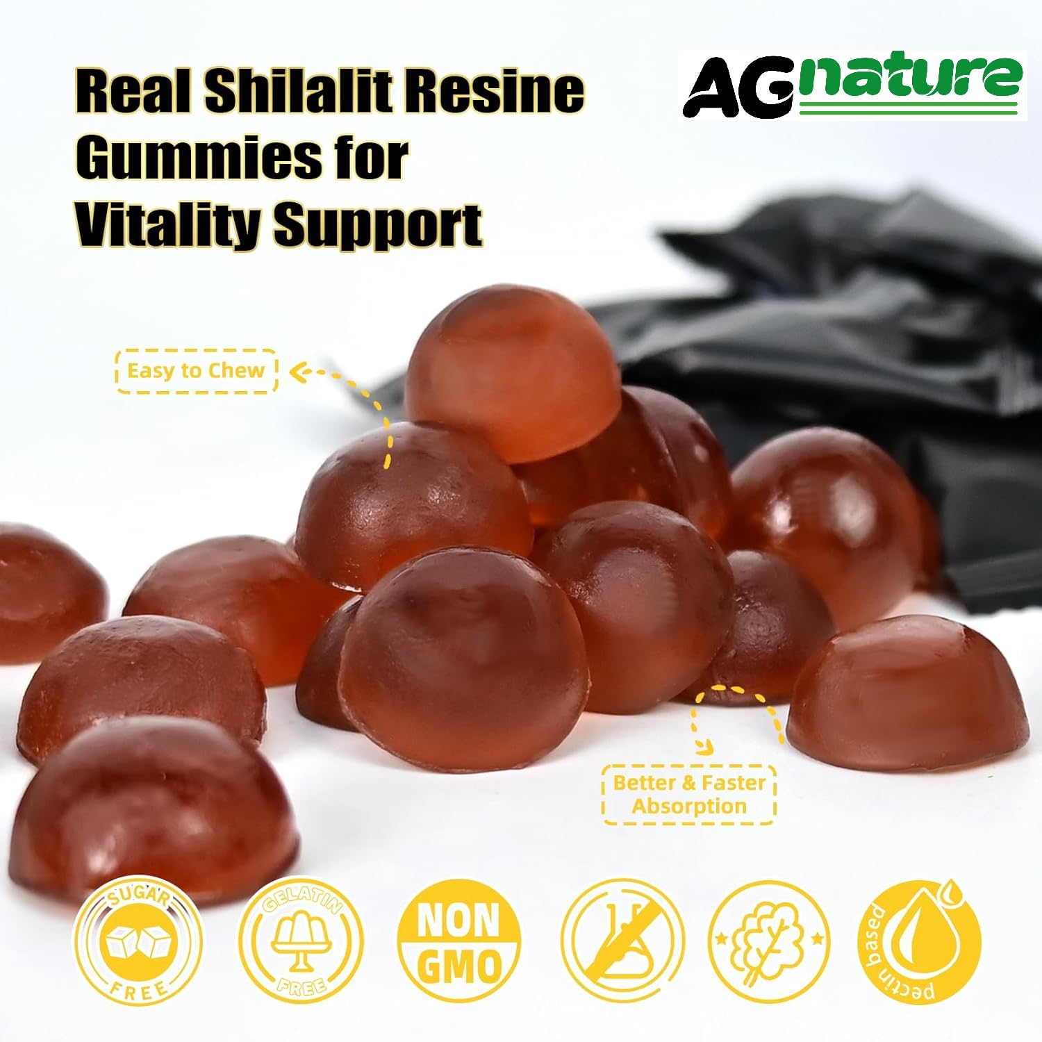 AG nature Shilajit Himalayano Originale 60 Caramelle Gommose- Integratore Alimentare Naturale con +85 Minerali e Acido Fulvico e Umico