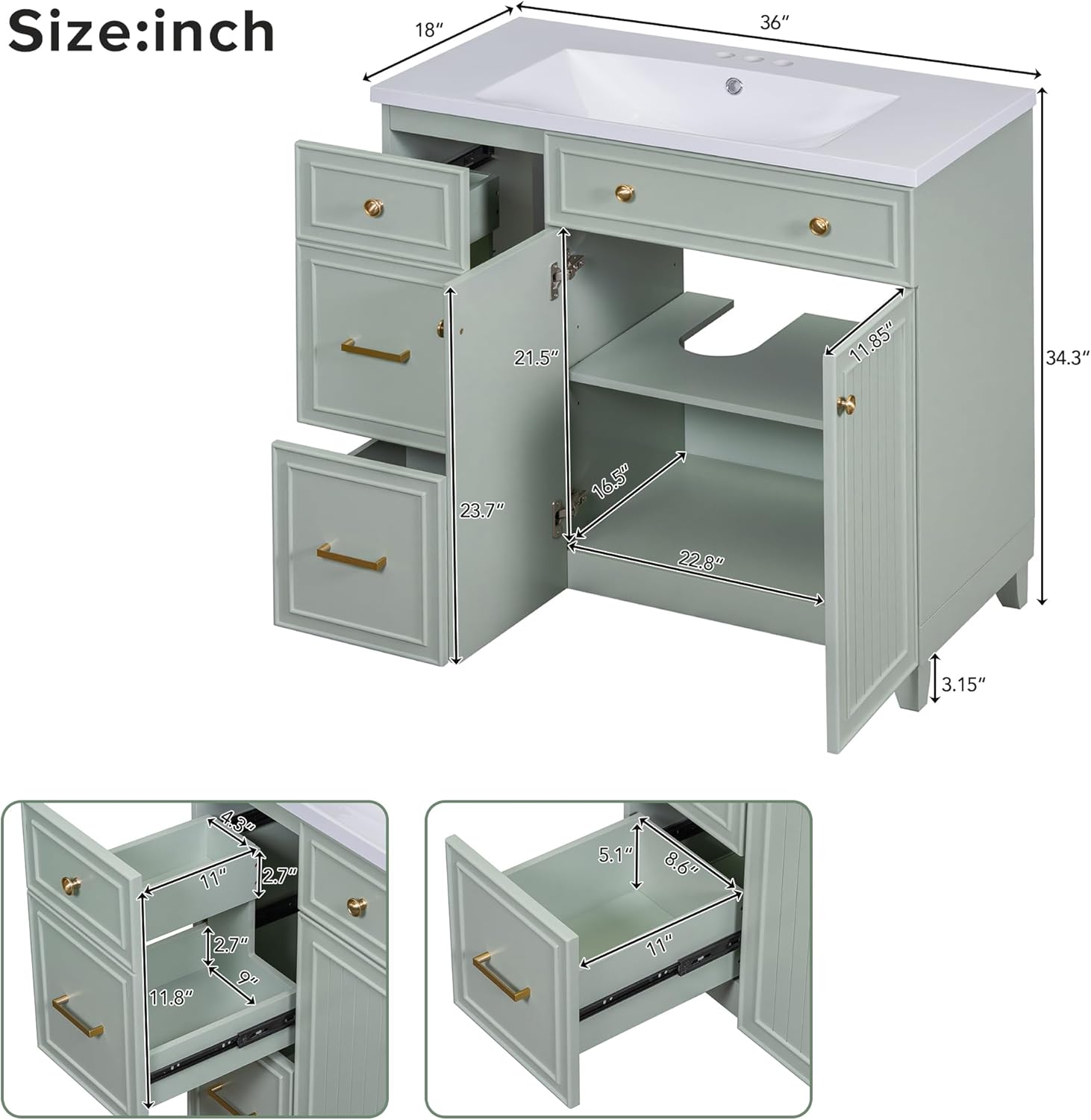 Merax 36" Bathroom Vanity with Ceramic Sink, Transitional Style Cabinet, with 2 Drawers and 1 Adjustable Storage Shelf, 2 Soft-Close Doors, Green