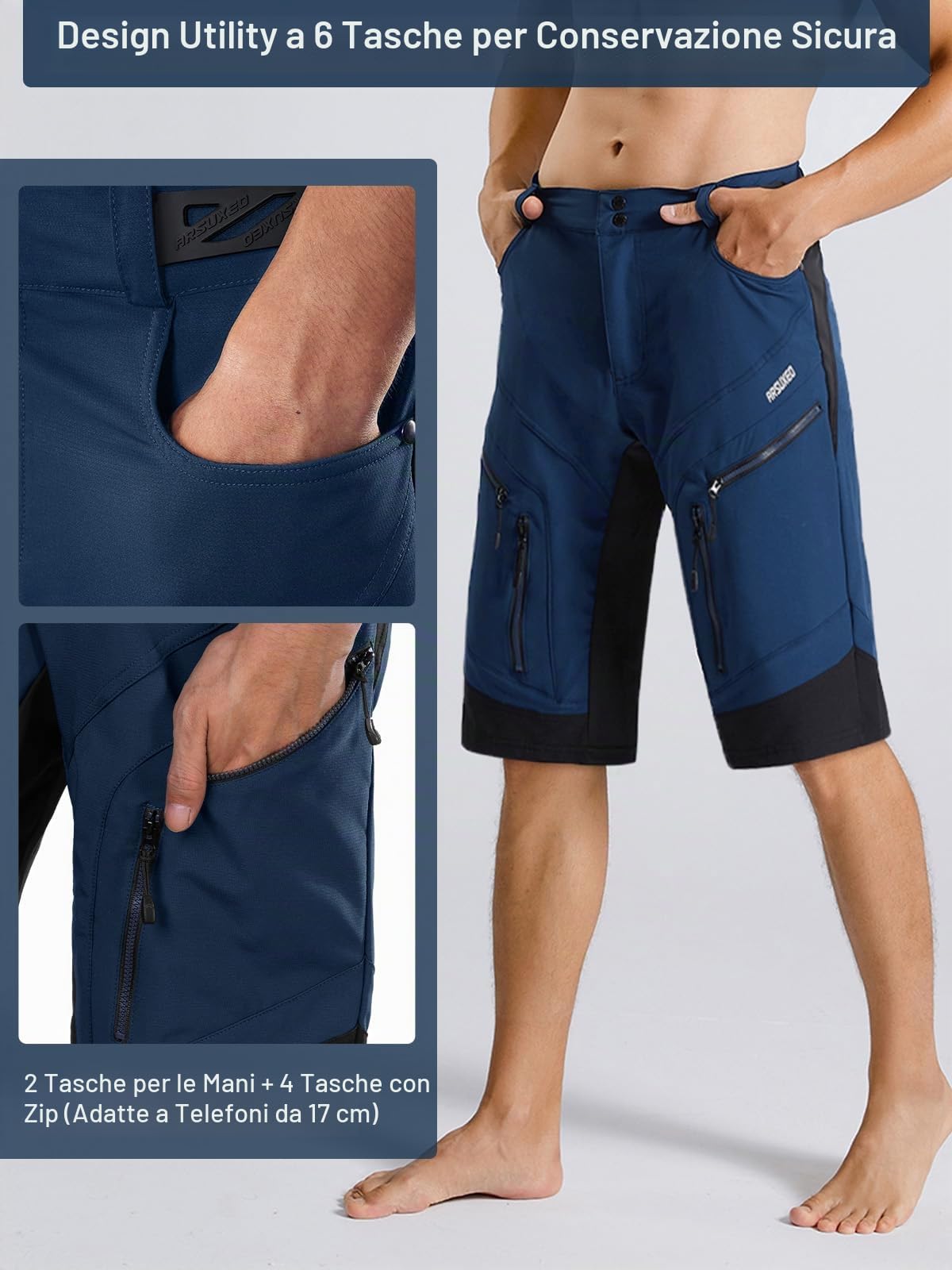 ARSUXEO Pantaloncini da Ciclismo Uomo Pantaloncini da MTB Senza Imbottitura Bicicletta da Mountain Bike Resistenti all'Acqua 1903 Blu Scuro XL