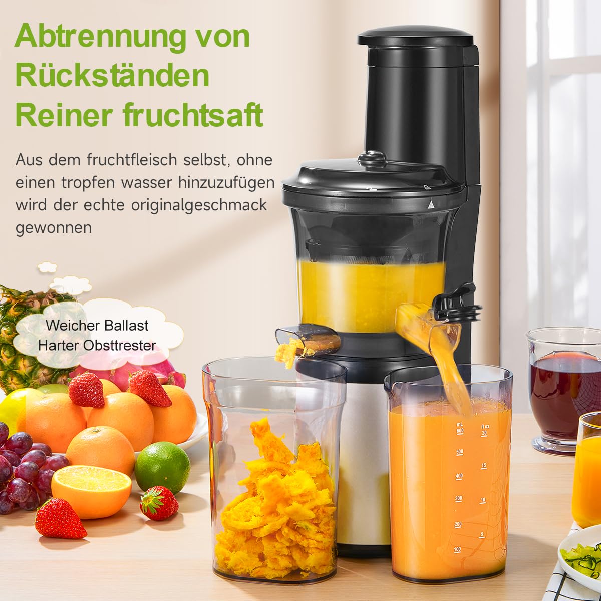 Wiltal Slow Juicer, Elektrischer Entsafter für Obst, Gemüse, Granatapfel, Zitrusfrüchte, Sorbet. 76-mm-Futterschacht mit Weitem Mund, BPA-frei, 150 W, Schwarz Weiß