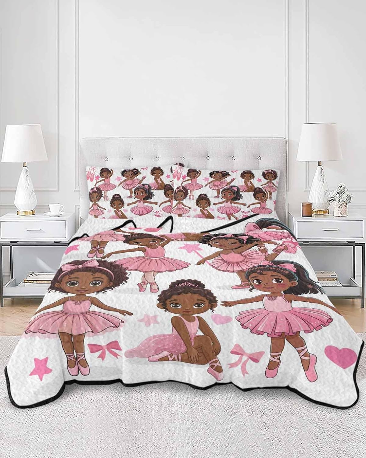 Twin Quilt Set, Cartoon Children Ballet Dance Lightweight Soft Microfiber Summer Bedspread Coverlet with 2 Pillow Shams, Pink Butterflies Ballet Shoes 3 Piece Bedding Set for All Seasons