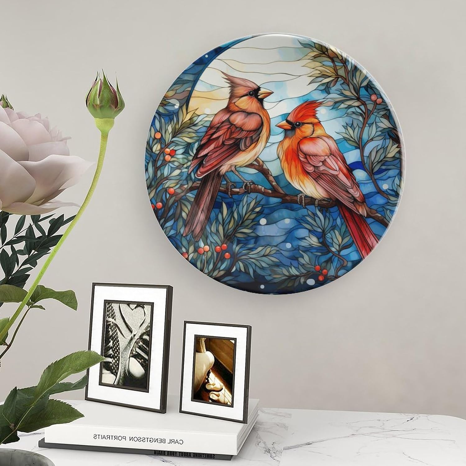 Christmas Bird Cardinal on Holly Decorative Plates Christmas Home Decor, Blue Stained Glass Painting Ceramic Plates Display for Living Room, Kitchen, Hallway Console Side Table, Xmas Present, 8 Inch
