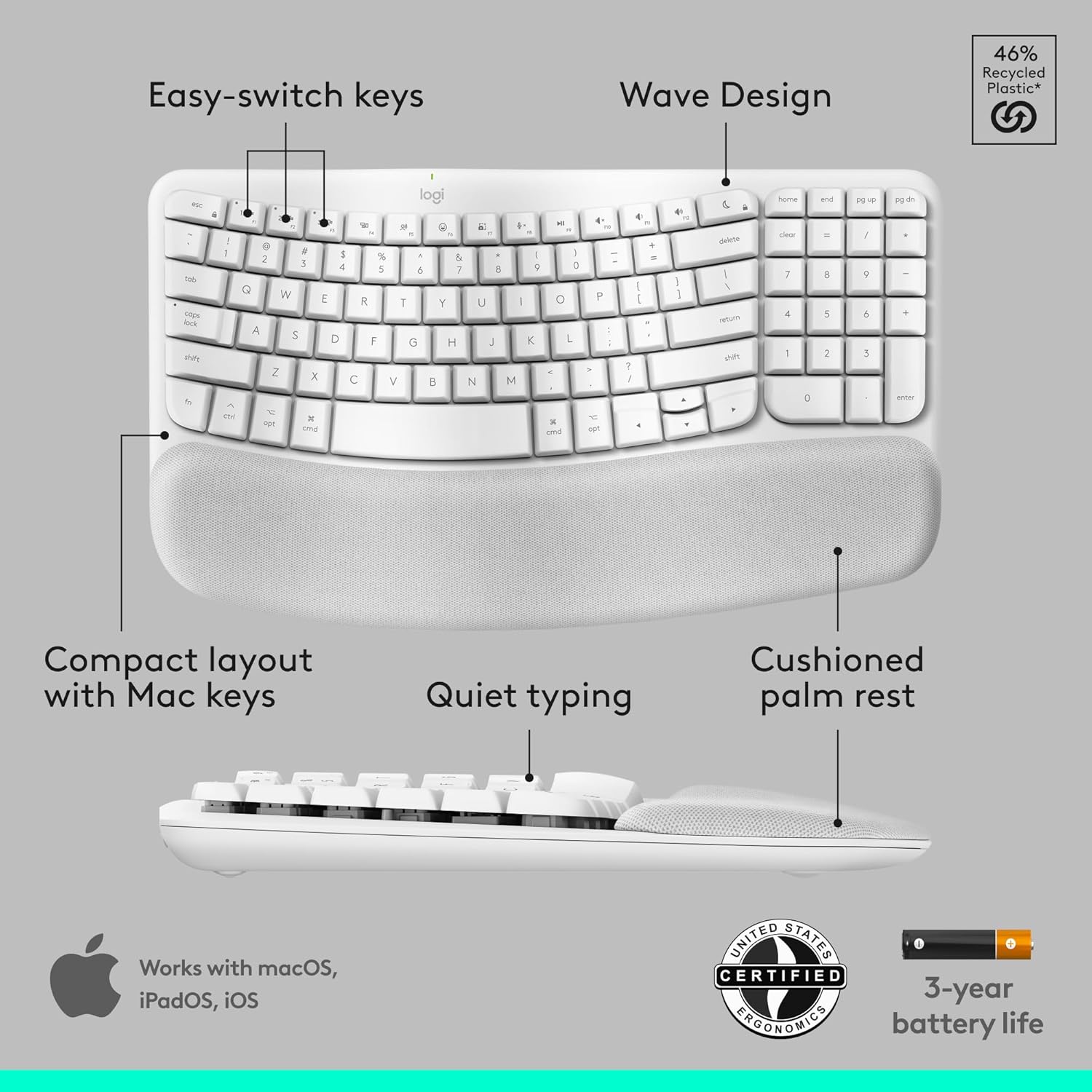 Logitech Wave Keys for Mac + Lift Vertical Mouse for Mac, Wireless Ergonomic Keyboard and Mouse Combo, Cushioned Palm Rest, Bluetooth, Optimized for macOS/iPadOS/MacBook/iMac/iPad - Off White