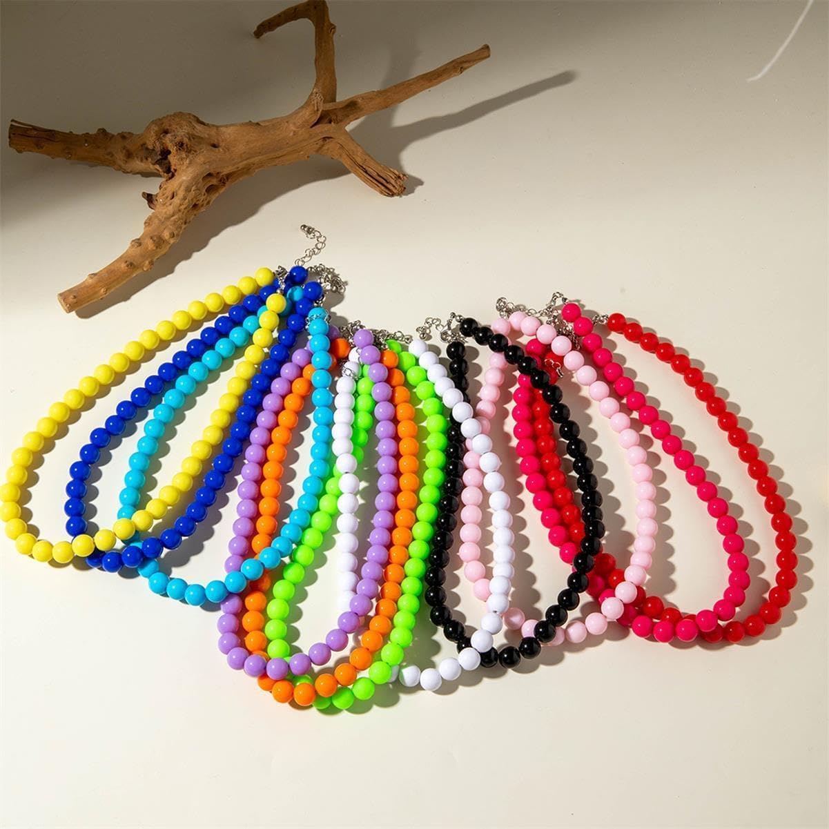 KIFEDSLJ Neon Round Beaded Necklace Acrylic Candy Color Beads Strand Necklace for Women 70s 80s Costume Party Jewelry