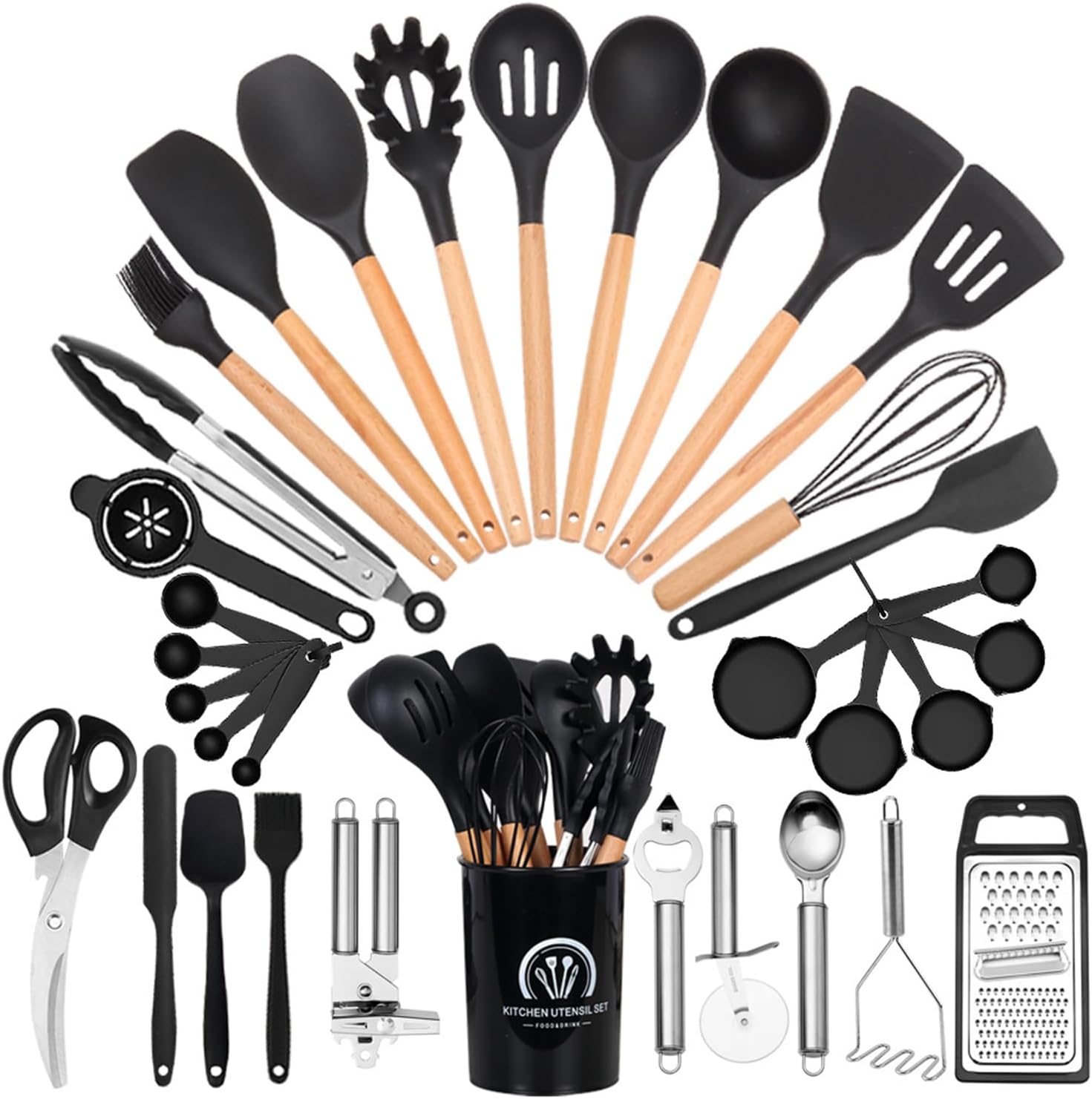 Silicone Kitchen Utensil Set 34 Pcs Non-Stick Cooking Utensils Set with Holder Kitchenware Set with Wooden Handle Kitchen Tools and Gadgets Set Dishwasher Safe,Black